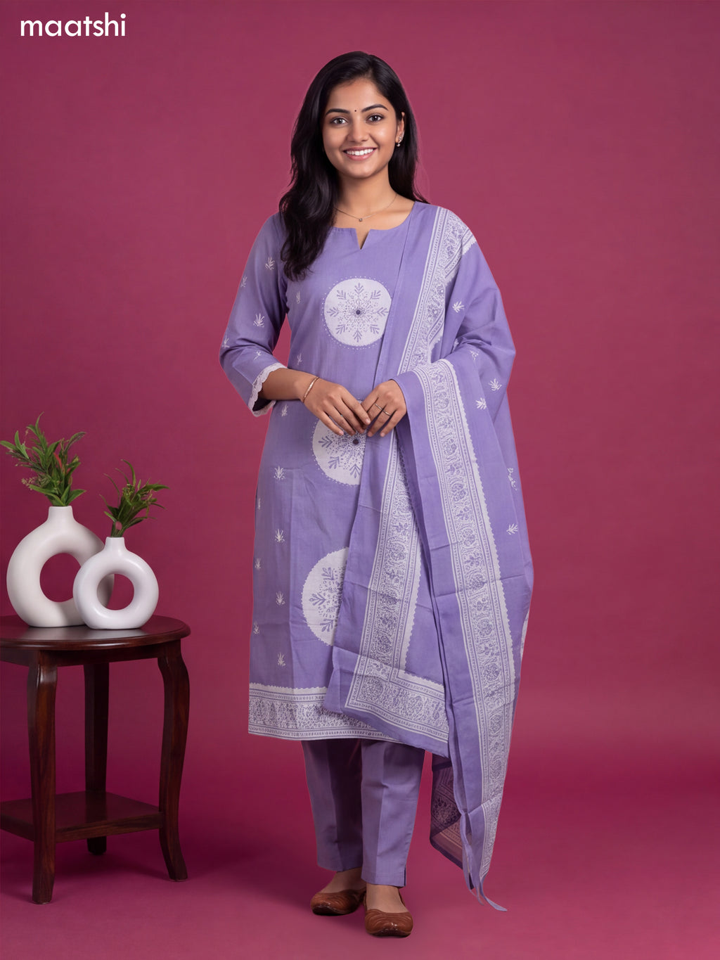 Lavender Cotton Printed & Simple Embroidery Work Straight Suit