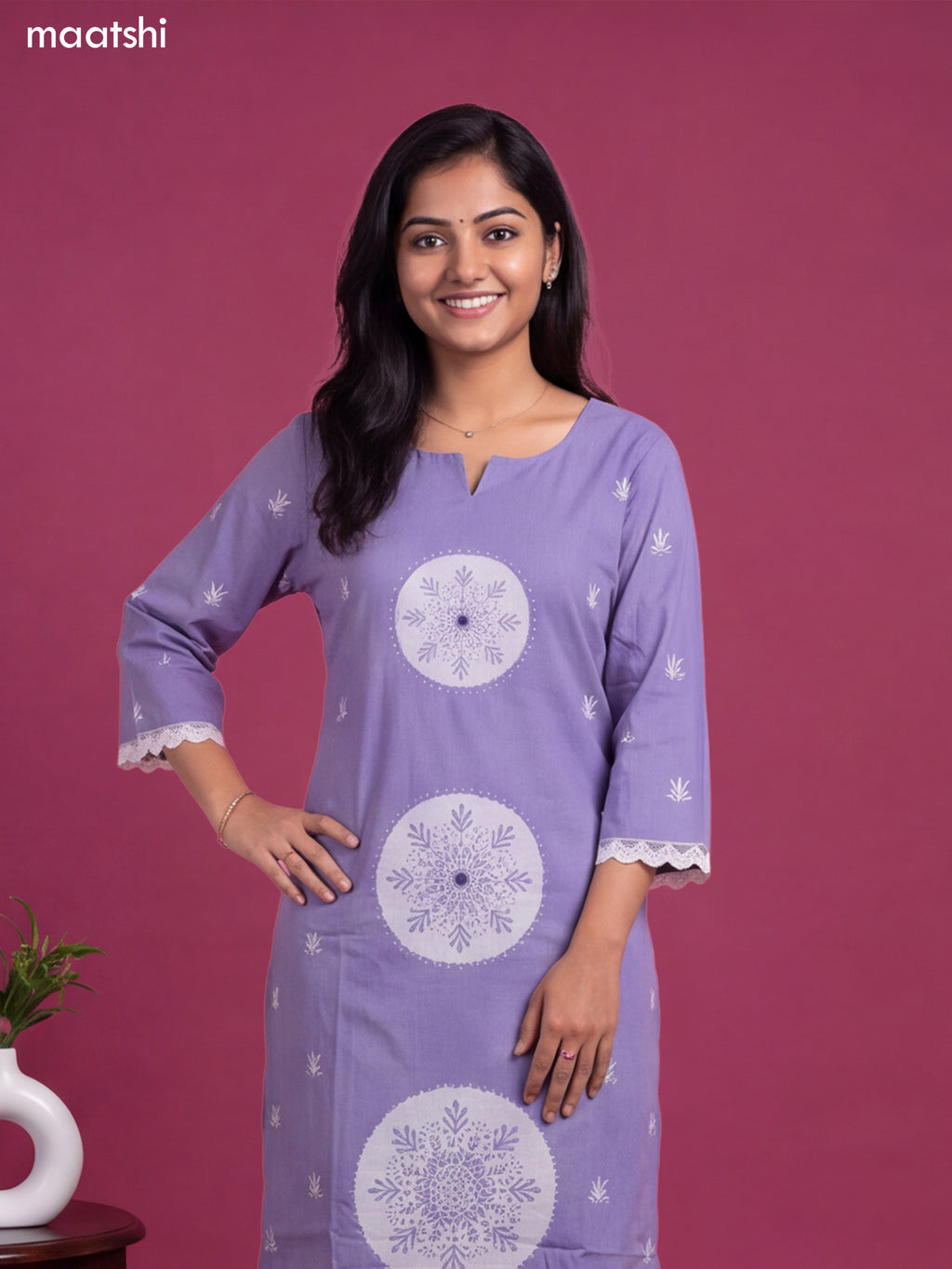 Lavender Cotton Printed & Simple Embroidery Work Straight Suit