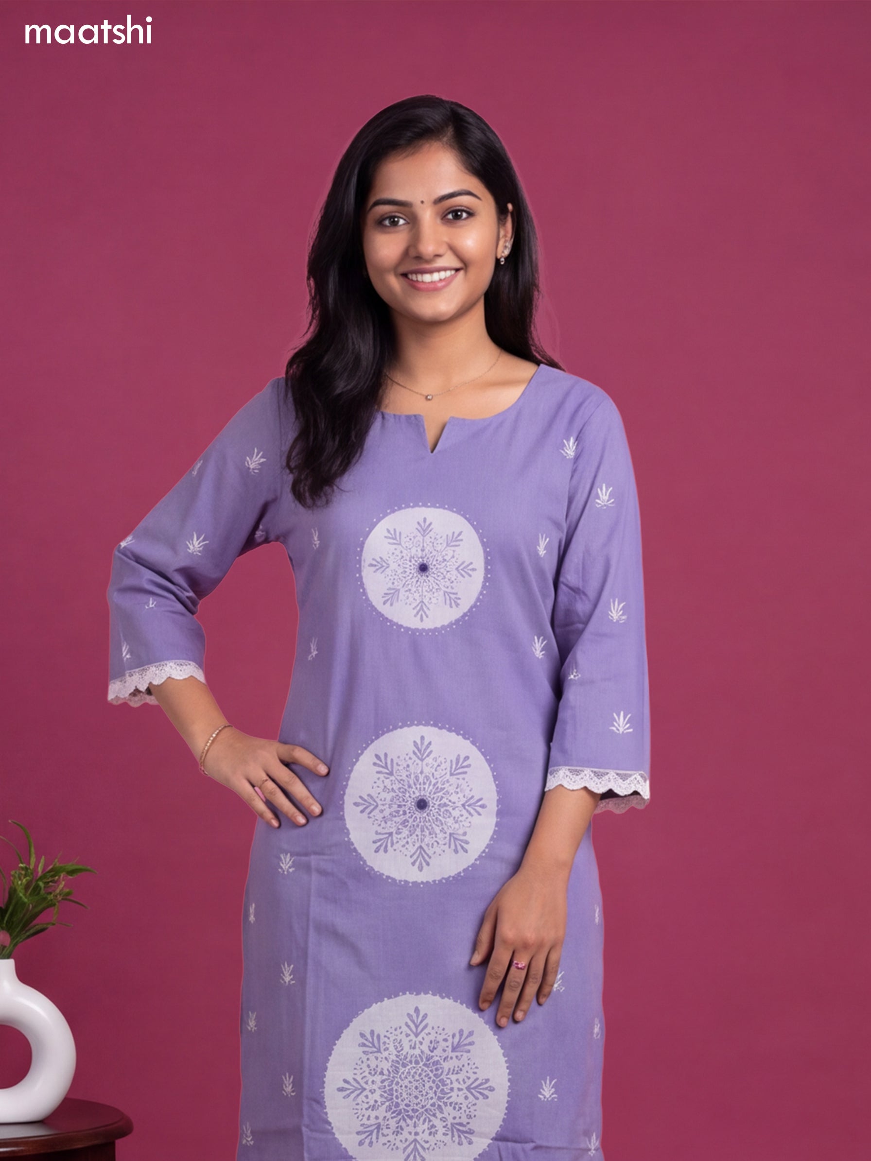 Lavender Cotton Printed & Simple Embroidery Work Straight Suit