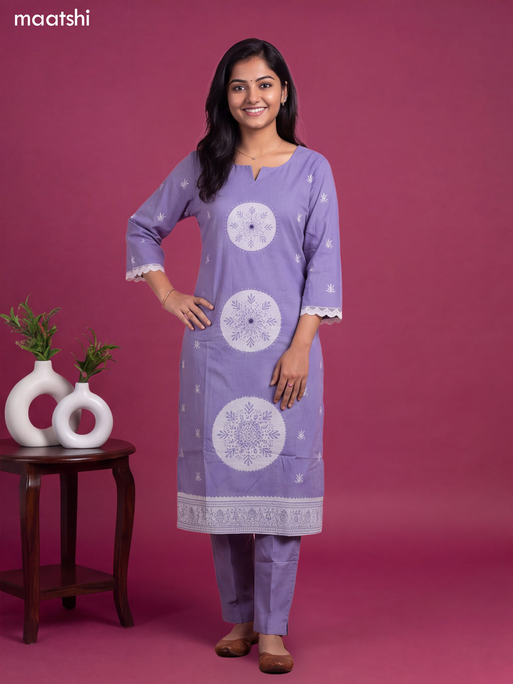 Lavender Cotton Printed & Simple Embroidery Work Straight Suit