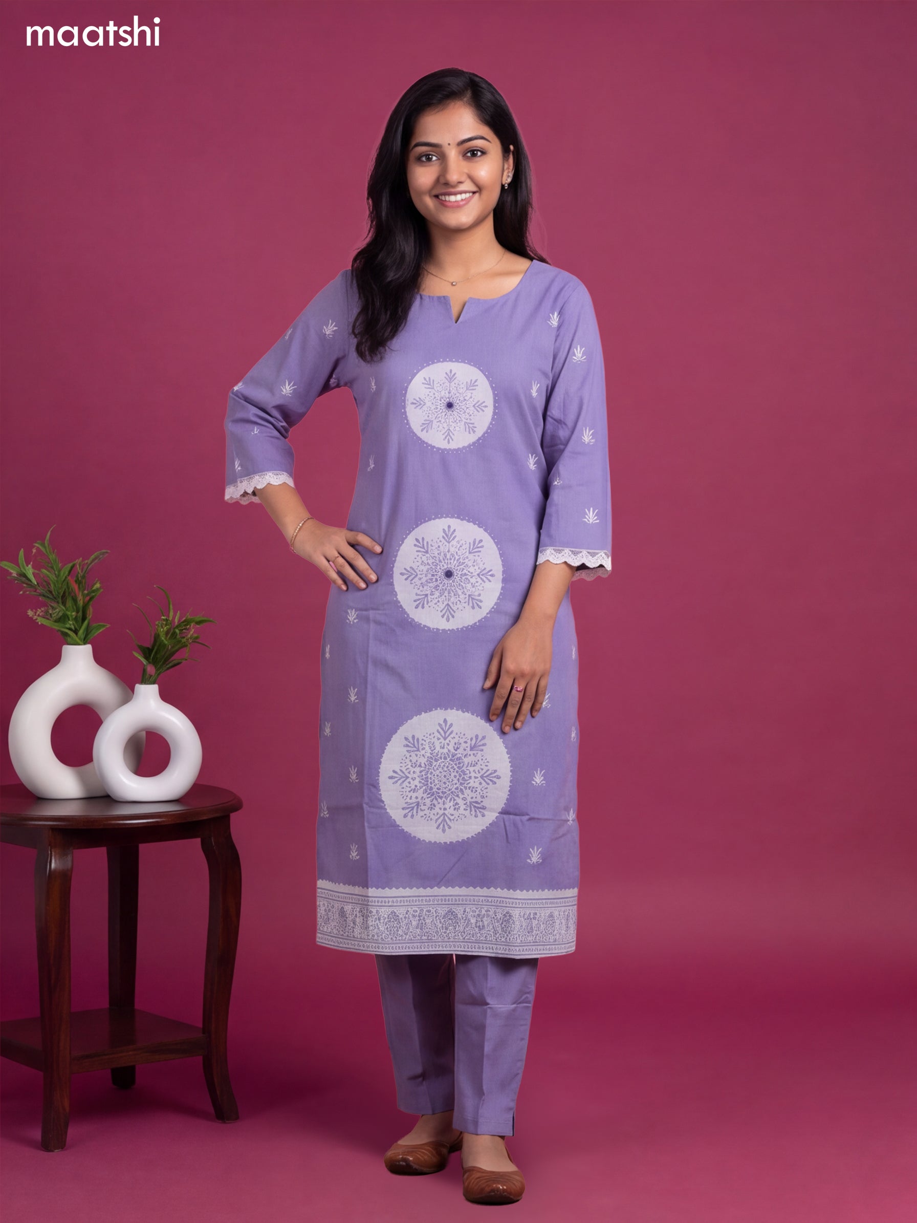 Lavender Cotton Printed & Simple Embroidery Work Straight Suit