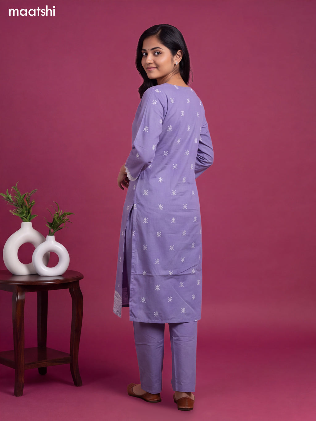 Lavender Cotton Printed & Simple Embroidery Work Straight Suit