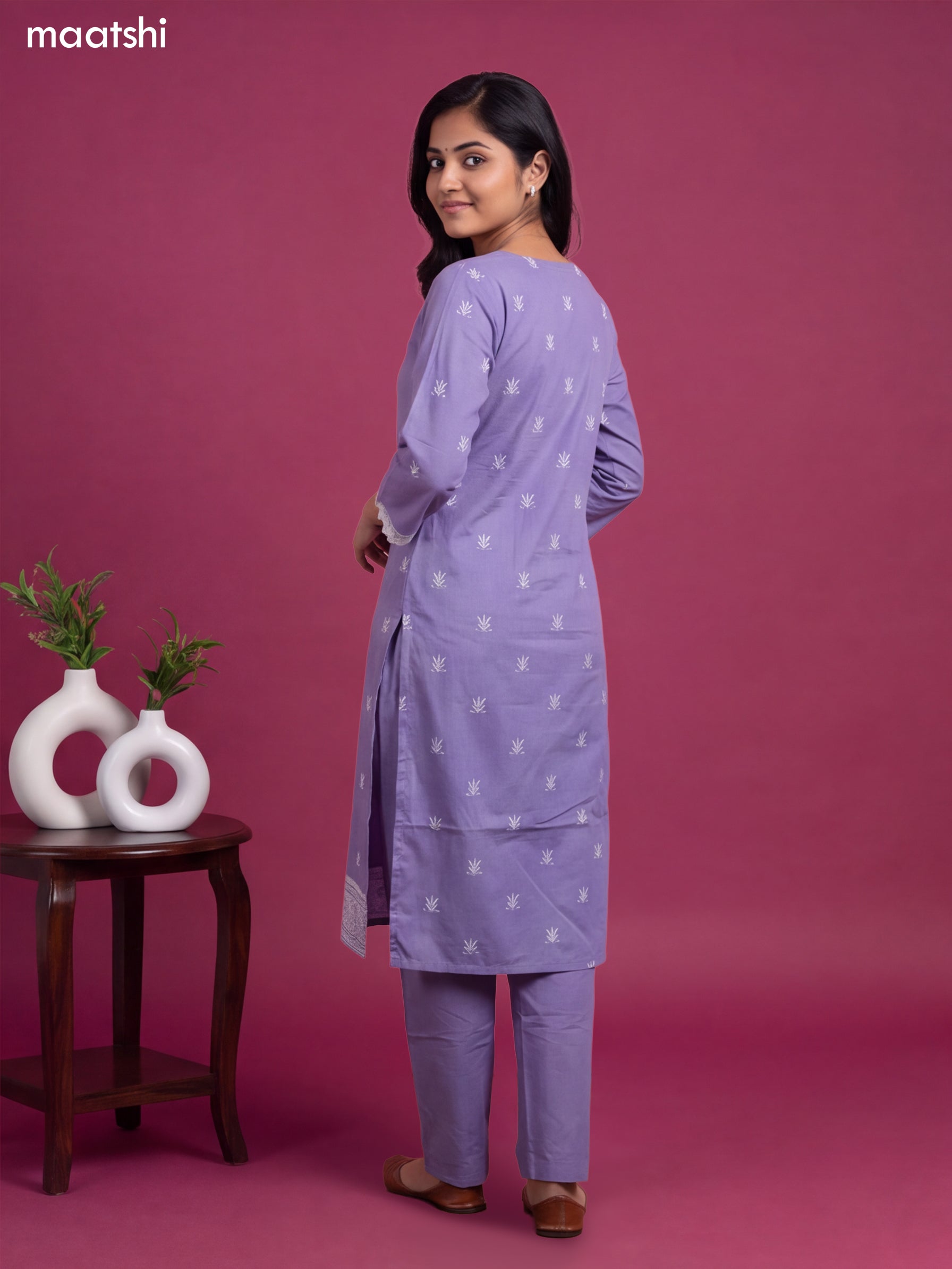 Lavender Cotton Printed & Simple Embroidery Work Straight Suit
