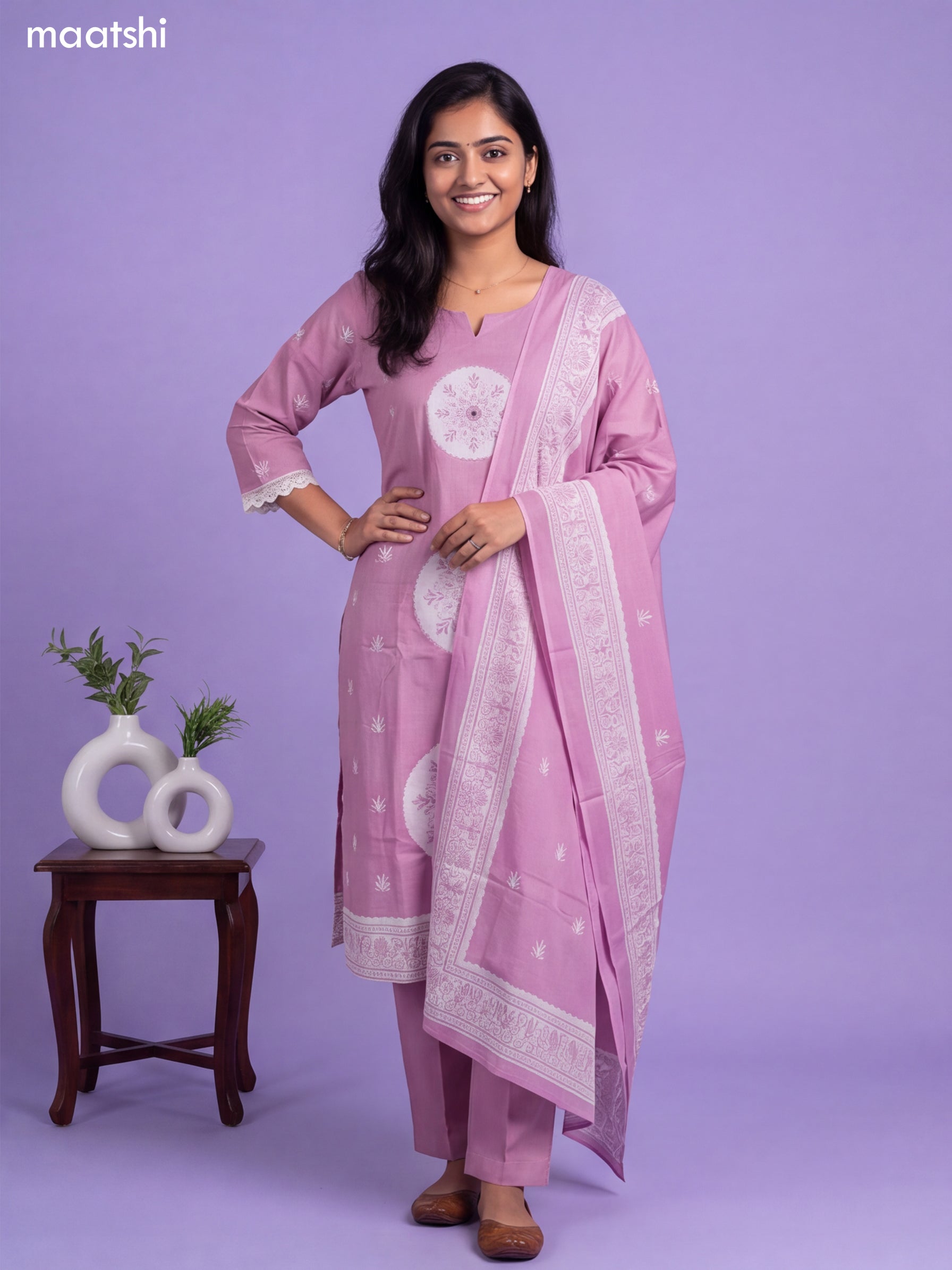 Pink Cotton Printed & Simple Embroidery Work Straight Suit