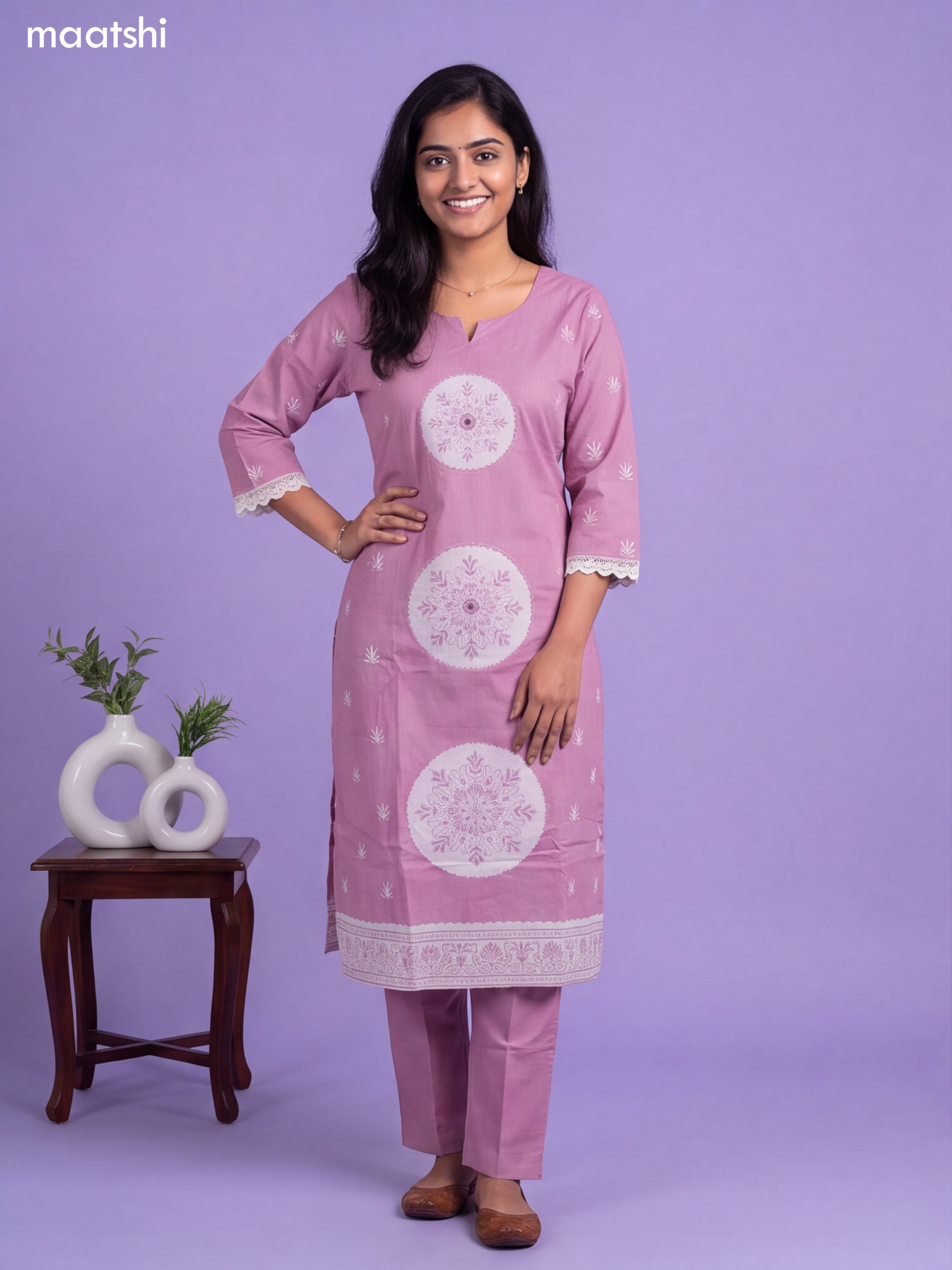 Pink Cotton Printed & Simple Embroidery Work Straight Suit