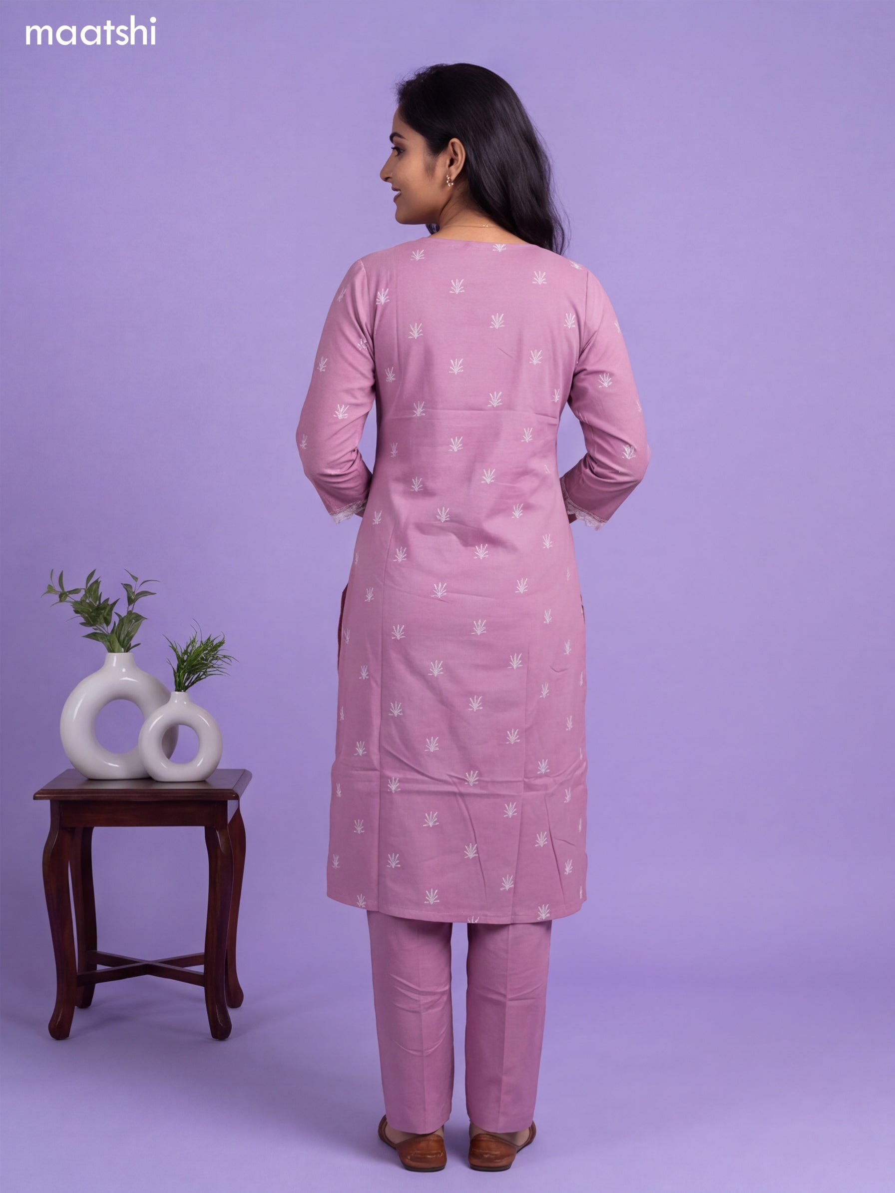 Pink Cotton Printed & Simple Embroidery Work Straight Suit