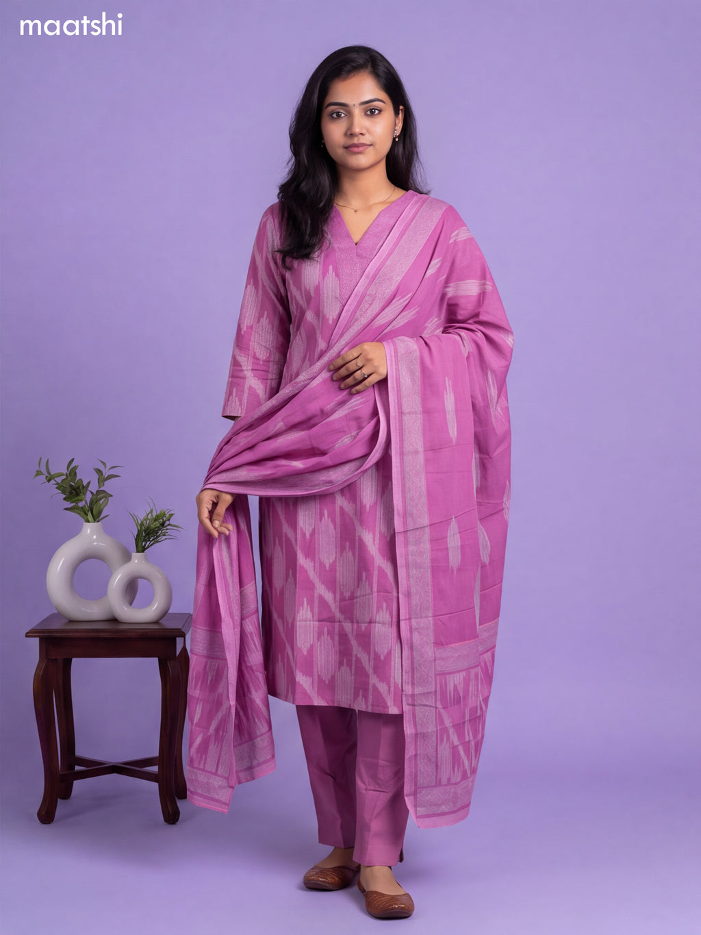 Pink Cotton Printed & Simple Embroidery Work Straight Suit