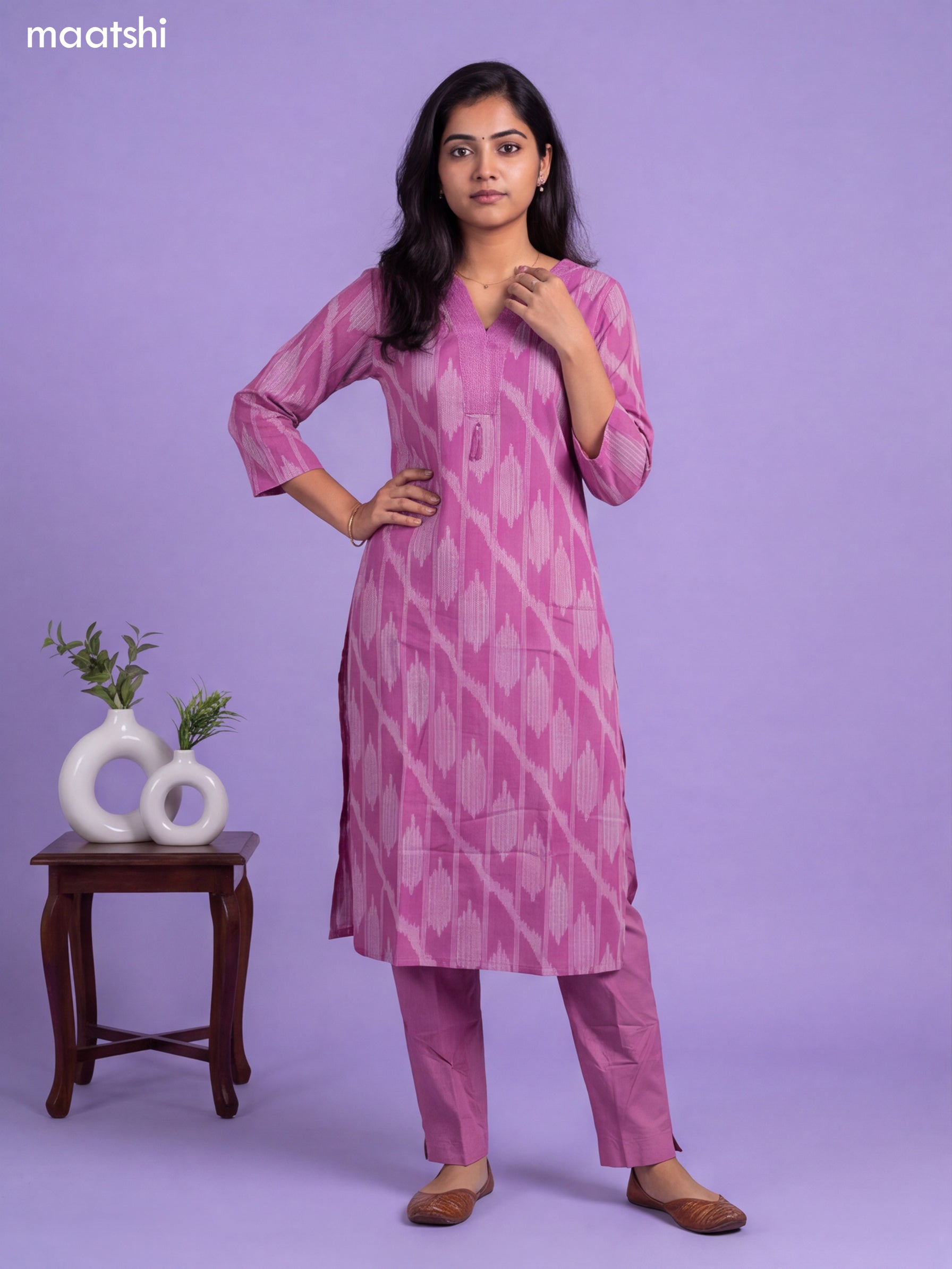 Pink Cotton Printed & Simple Embroidery Work Straight Suit