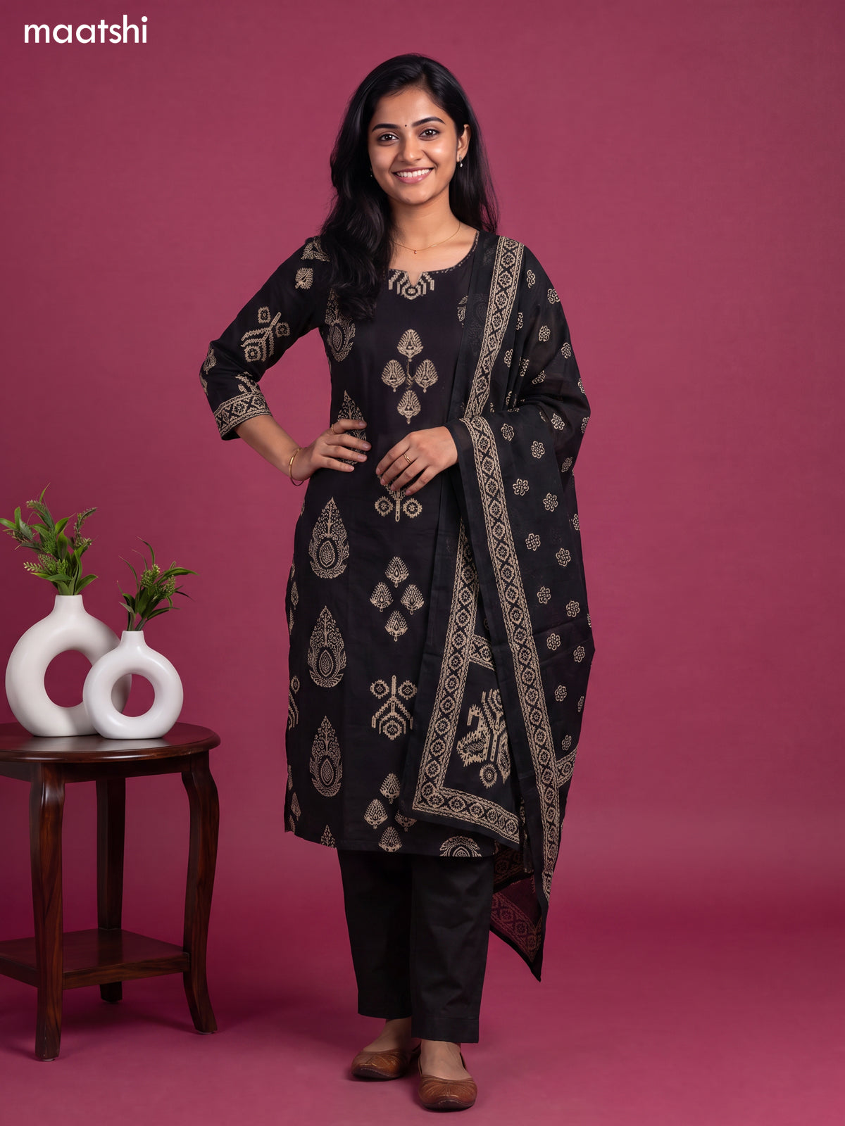 Black Cotton Printed & Simple Embroidery Work Straight Suit