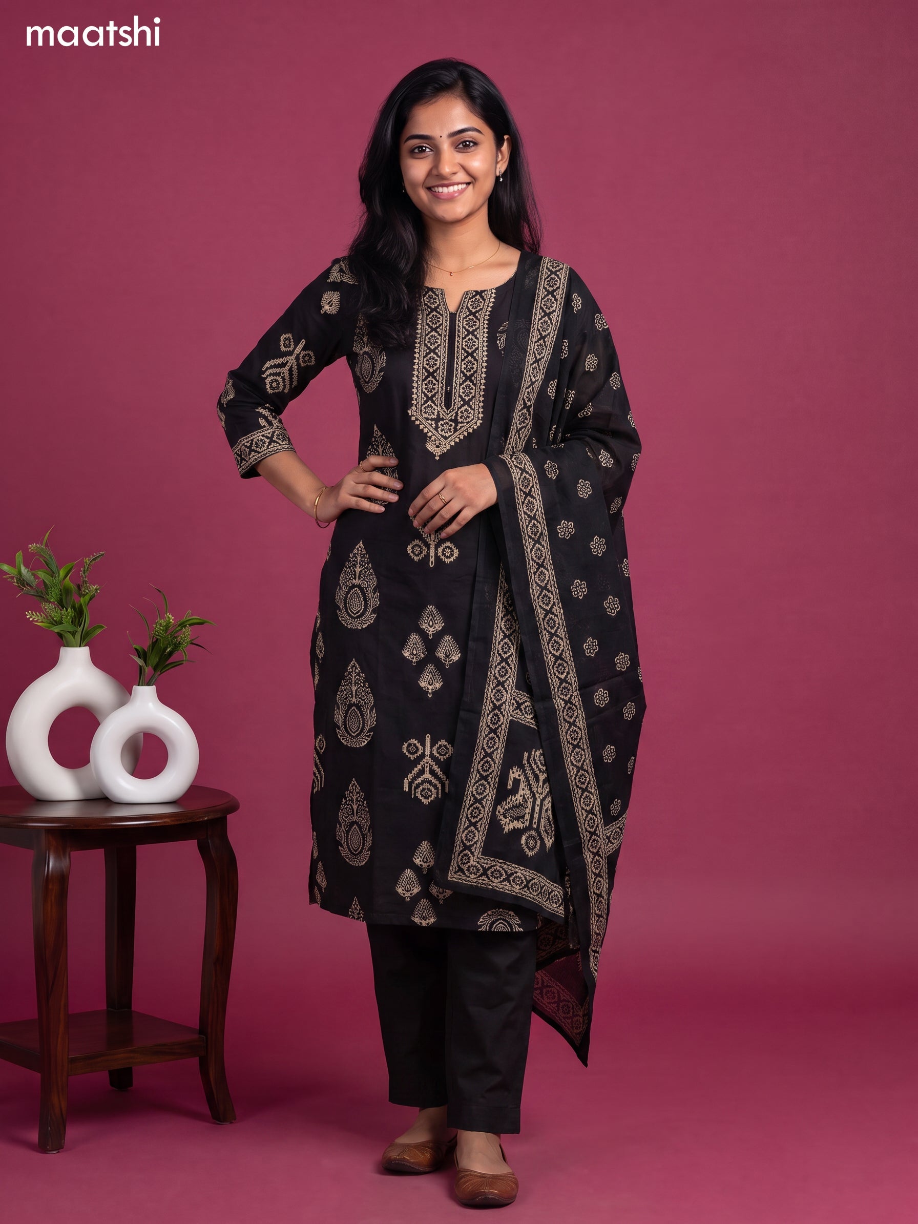 Black Cotton Printed & Simple Embroidery Work Straight Suit