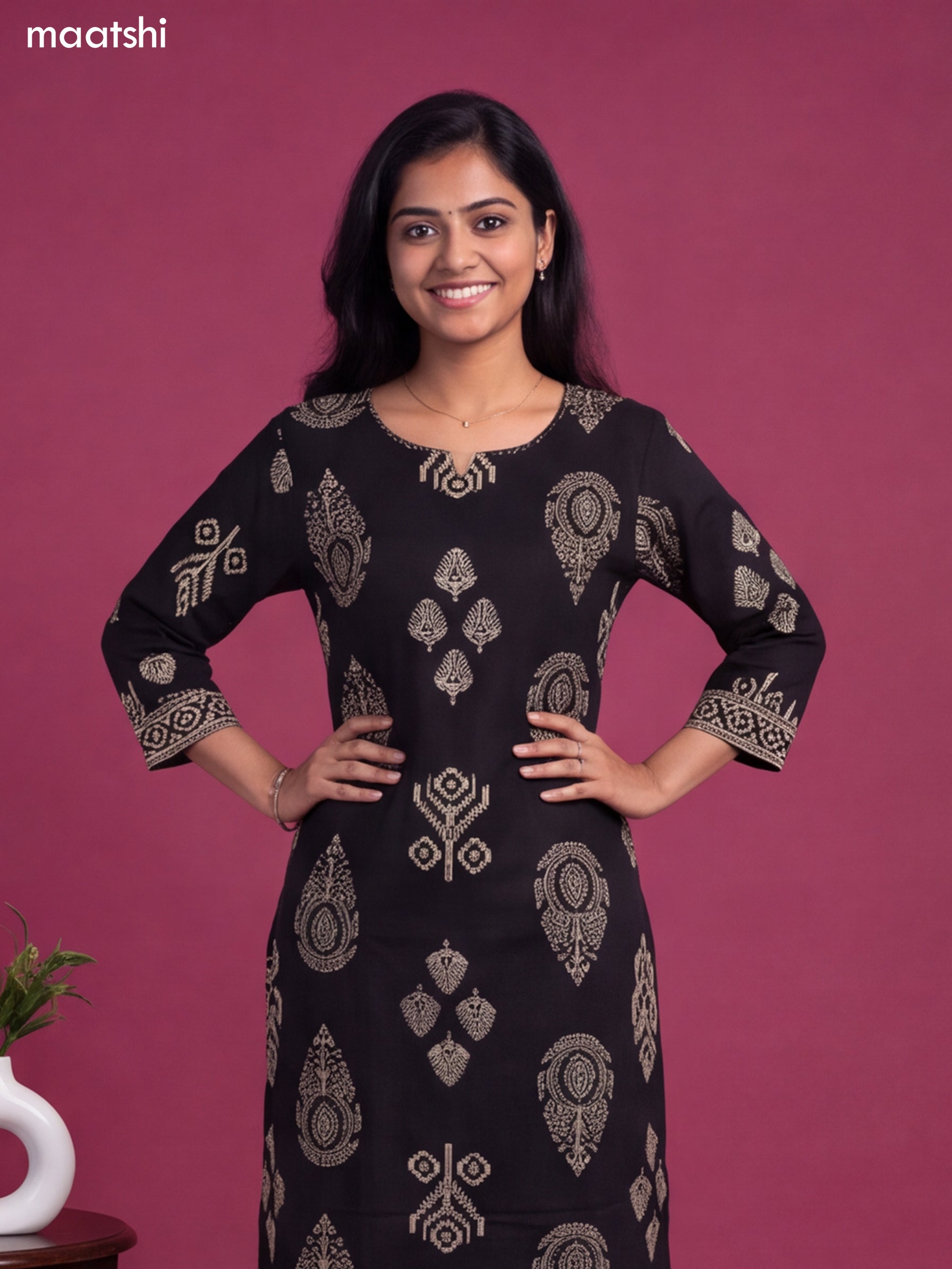 Black Cotton Printed & Simple Embroidery Work Straight Suit