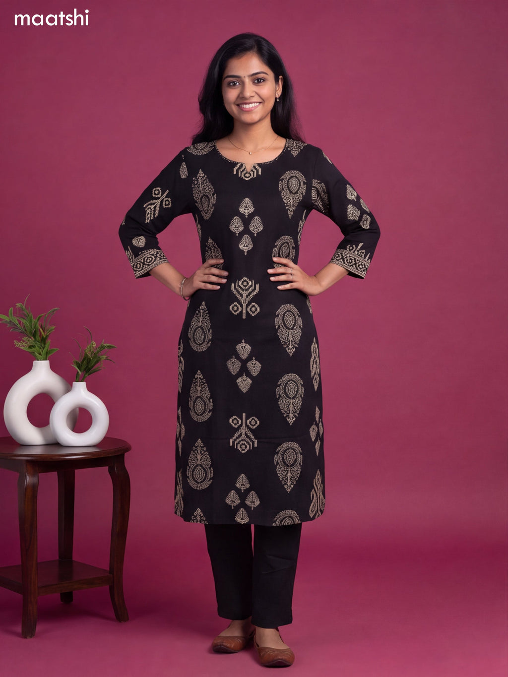 Black Cotton Printed & Simple Embroidery Work Straight Suit