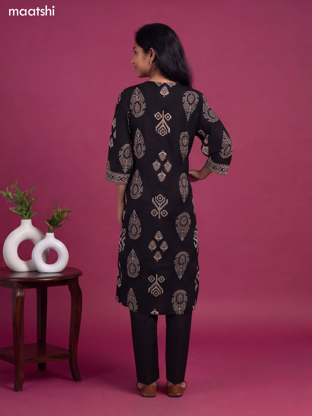 Black Cotton Printed & Simple Embroidery Work Straight Suit
