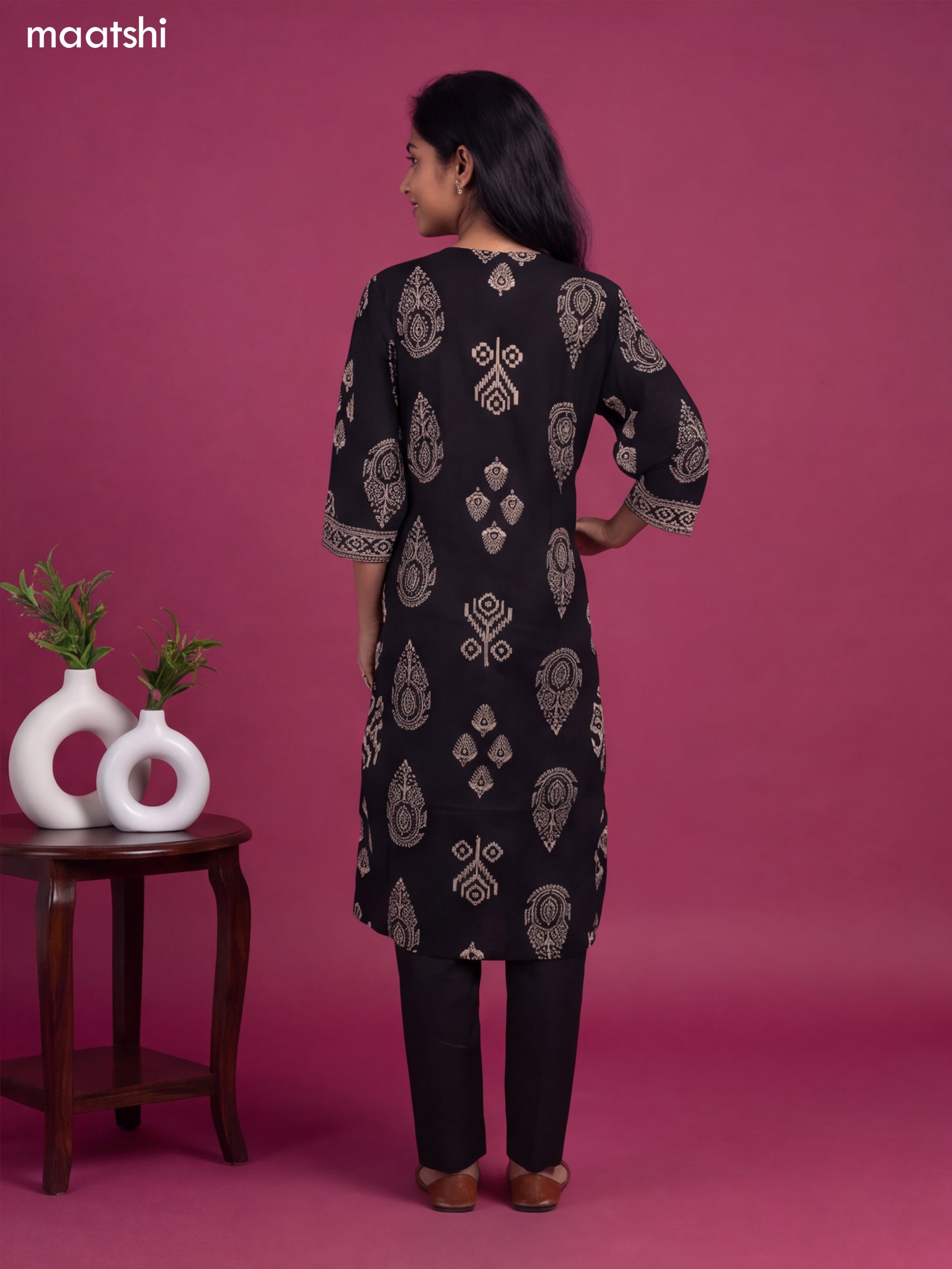 Black Cotton Printed & Simple Embroidery Work Straight Suit