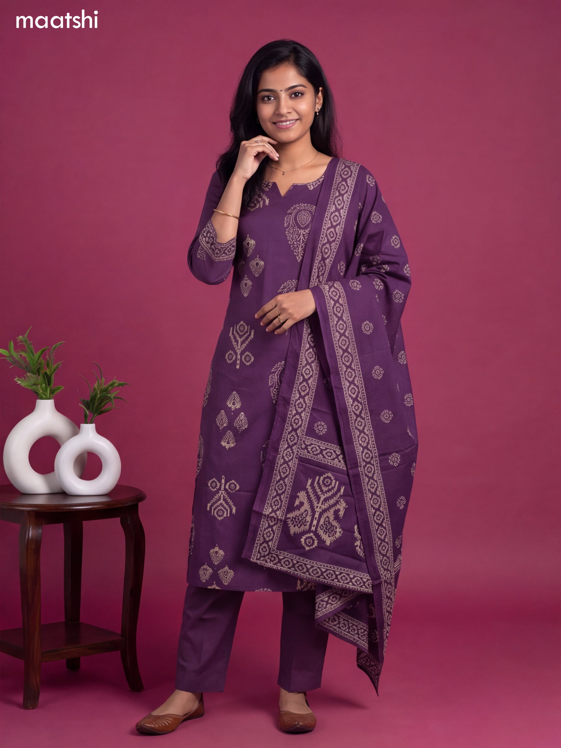 Violet Cotton Printed & Simple Embroidery Work Straight Suit