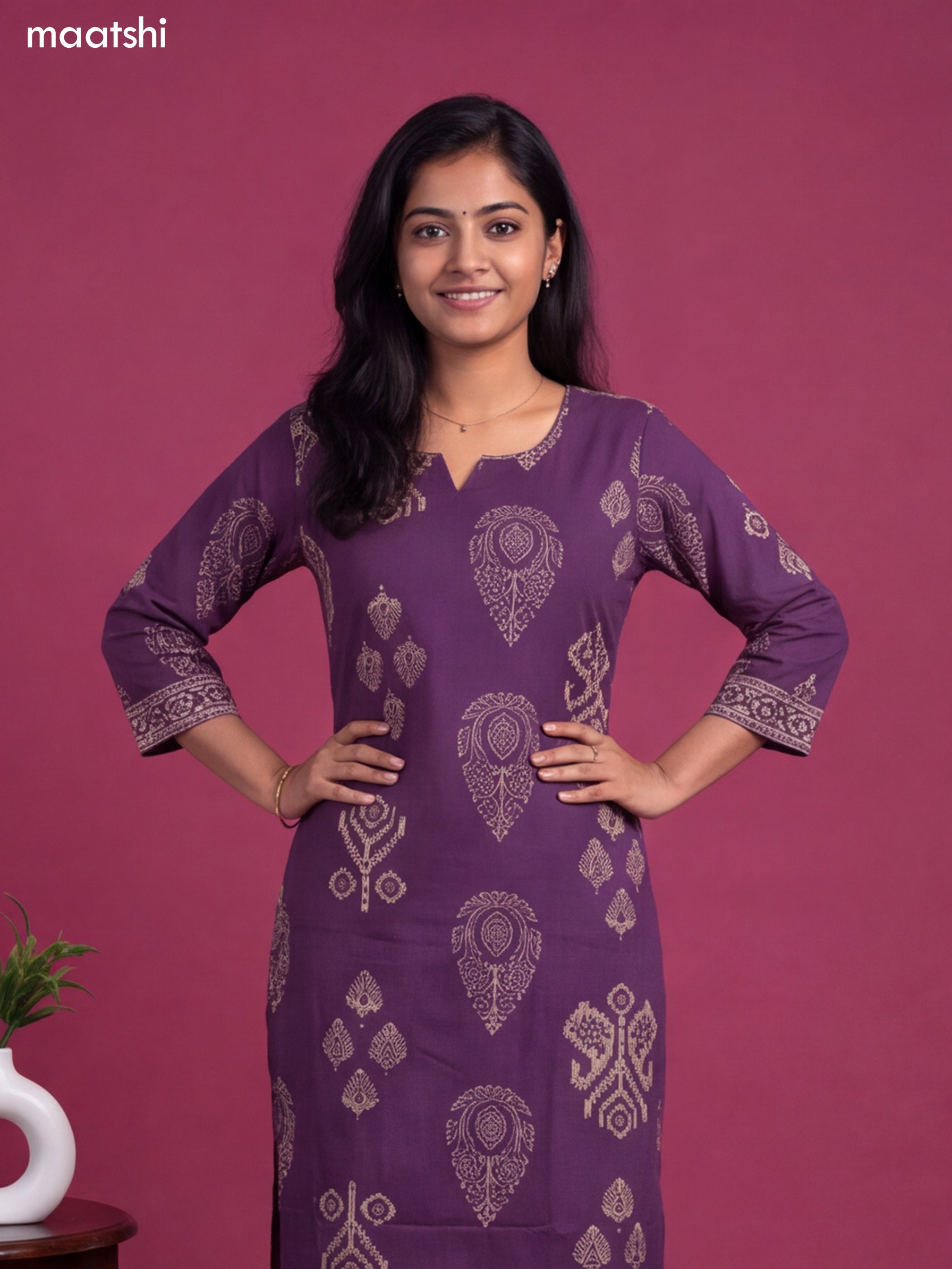 Violet Cotton Printed & Simple Embroidery Work Straight Suit