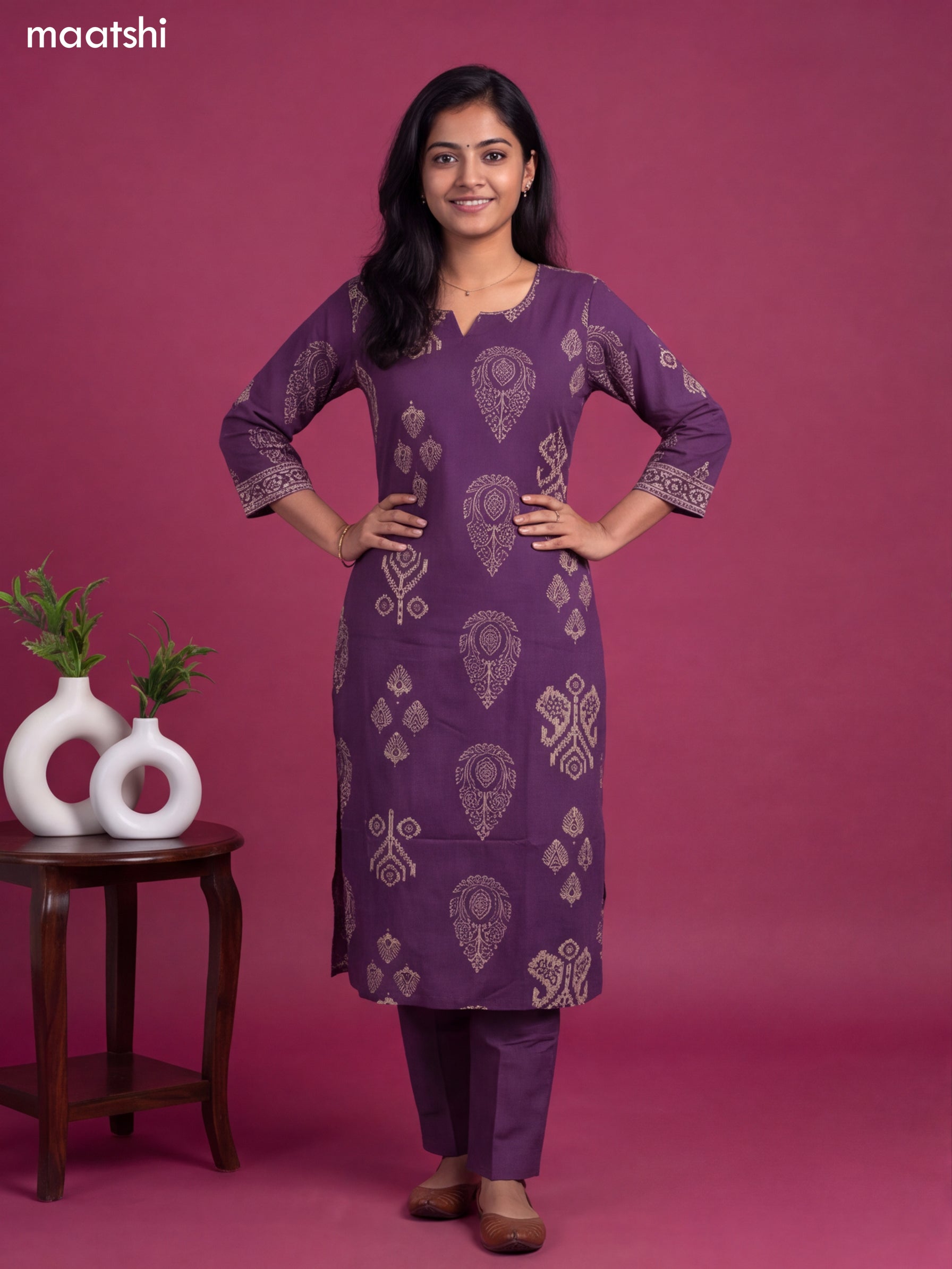 Violet Cotton Printed & Simple Embroidery Work Straight Suit