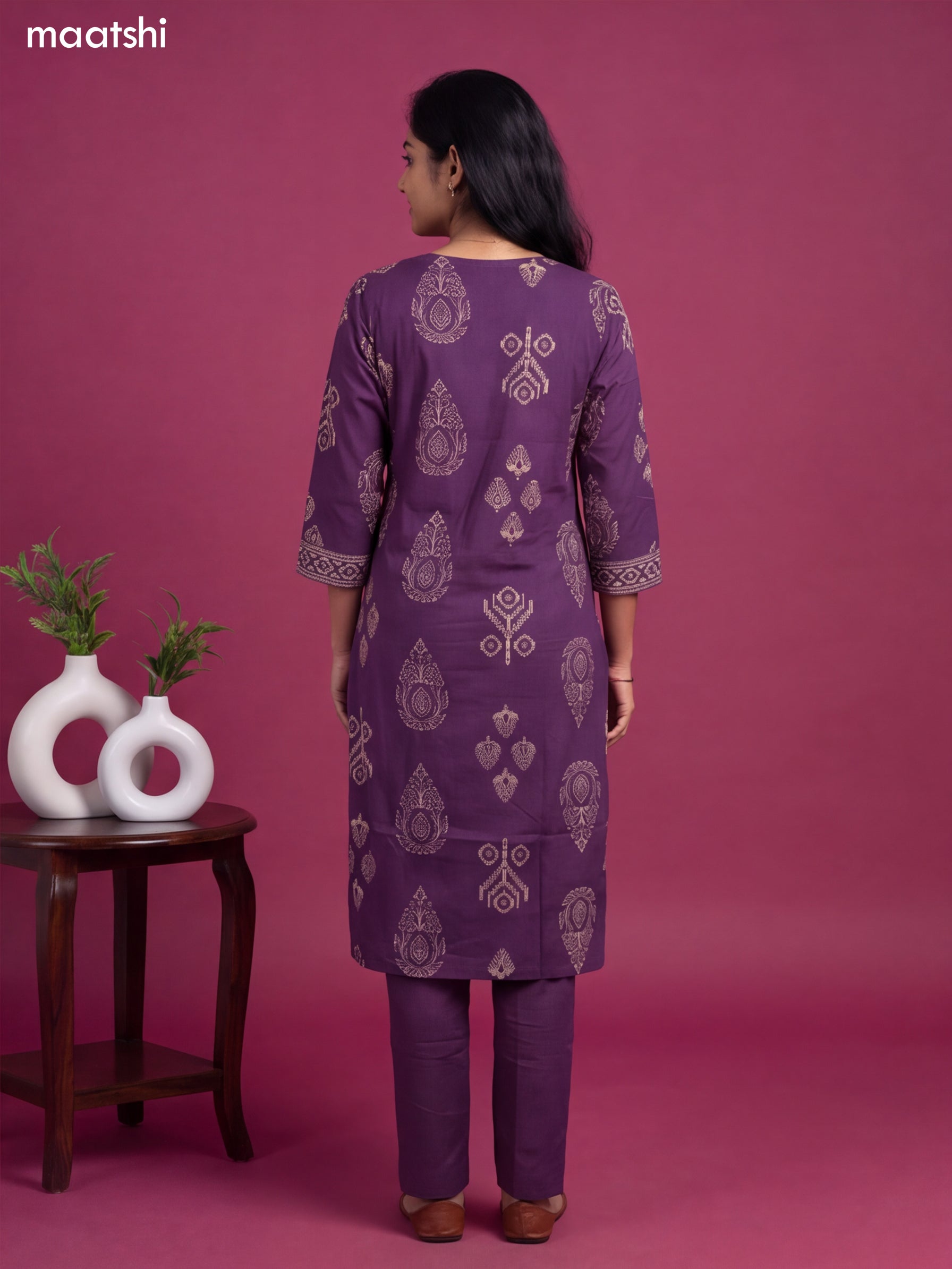 Violet Cotton Printed & Simple Embroidery Work Straight Suit