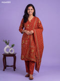 Dark Rust Cotton Floral Printed & Simple Embroidery Work Straight Suit