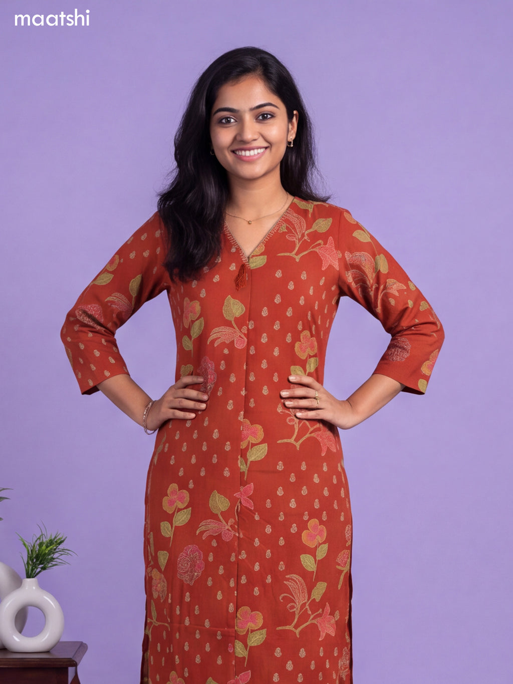 Dark Rust Cotton Floral Printed & Simple Embroidery Work Straight Suit