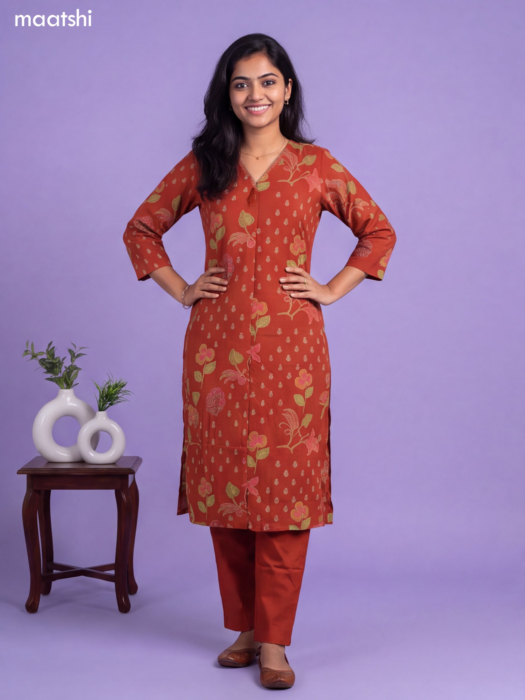 Dark Rust Cotton Floral Printed & Simple Embroidery Work Straight Suit