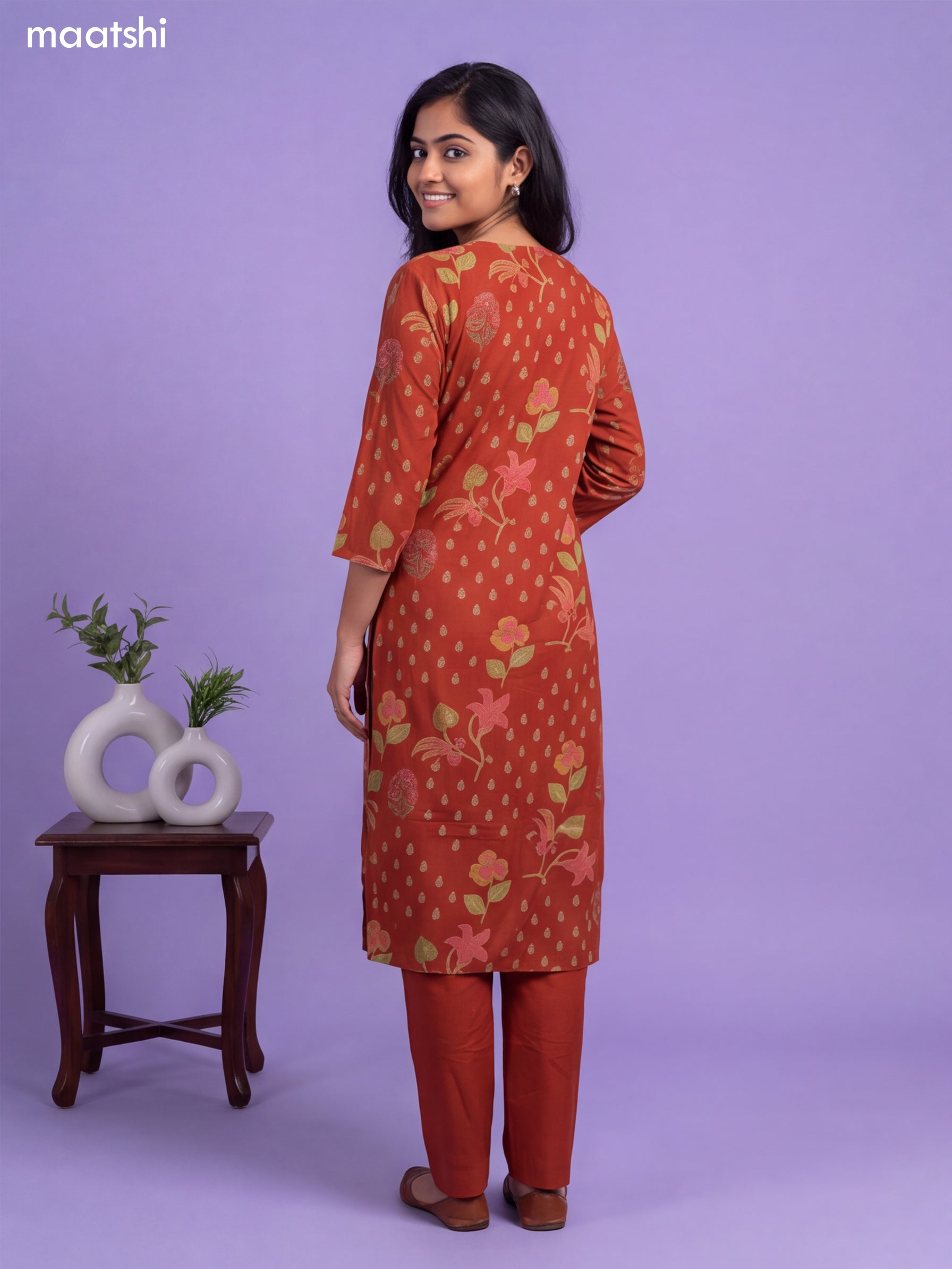 Dark Rust Cotton Floral Printed & Simple Embroidery Work Straight Suit