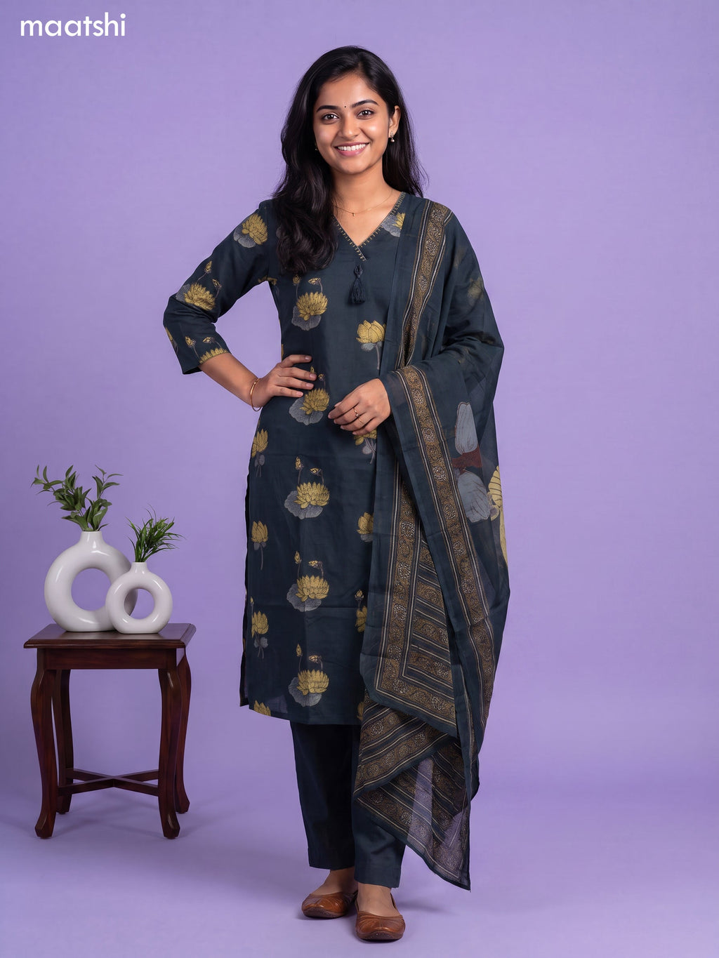 Sap Green Cotton Floral Printed & Simple Embroidery Work Straight Suit