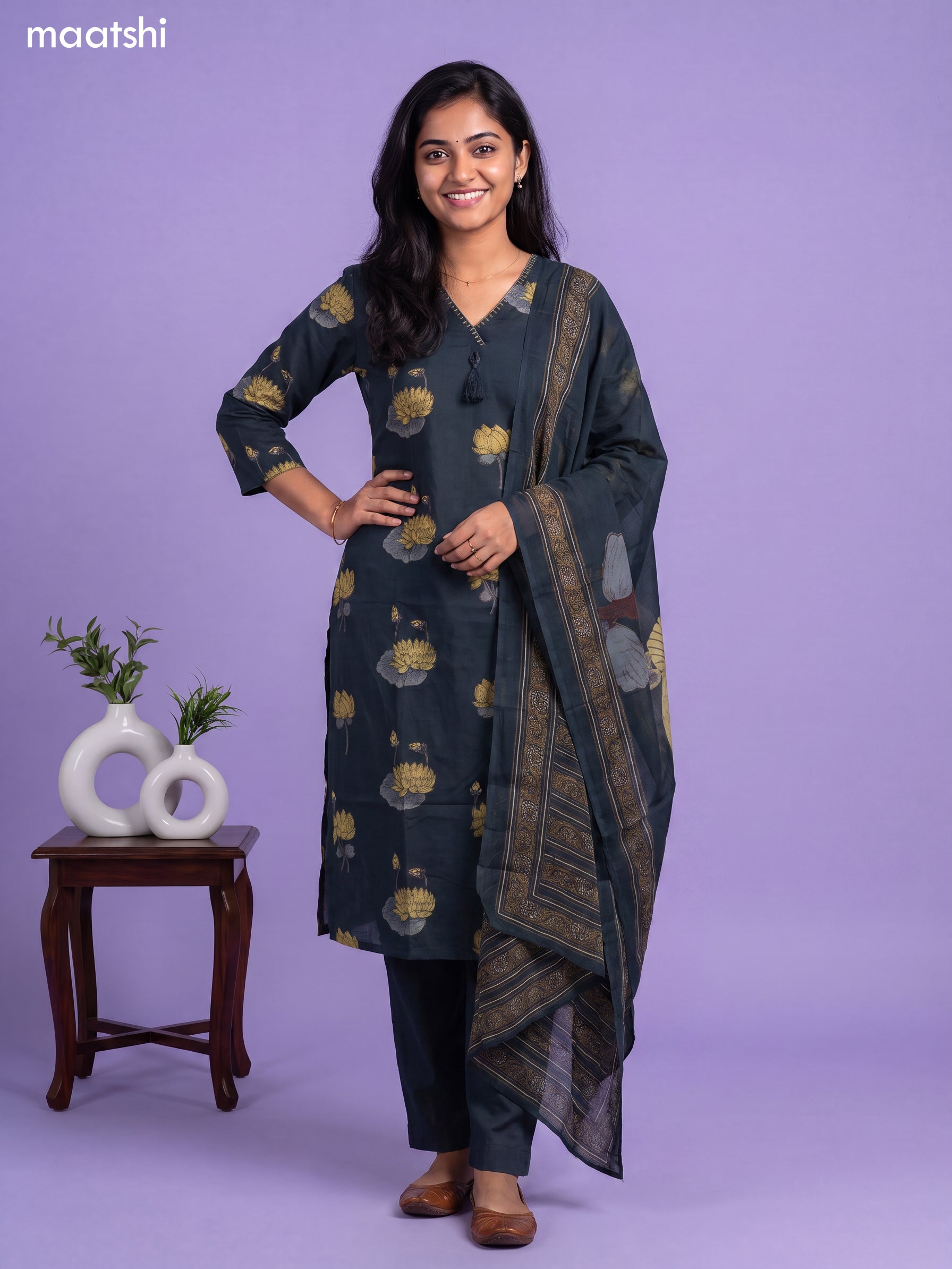 Sap Green Cotton Floral Printed & Simple Embroidery Work Straight Suit