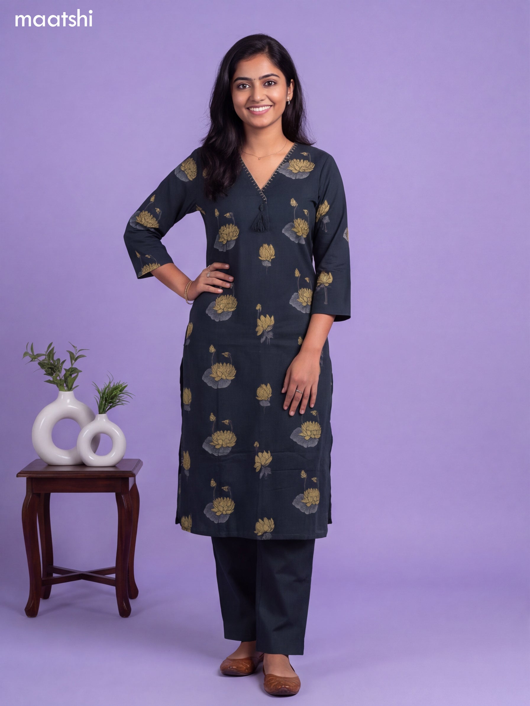 Sap Green Cotton Floral Printed & Simple Embroidery Work Straight Suit