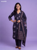 Navy Blue Cotton Floral Printed & Simple Embroidery Work Straight Suit