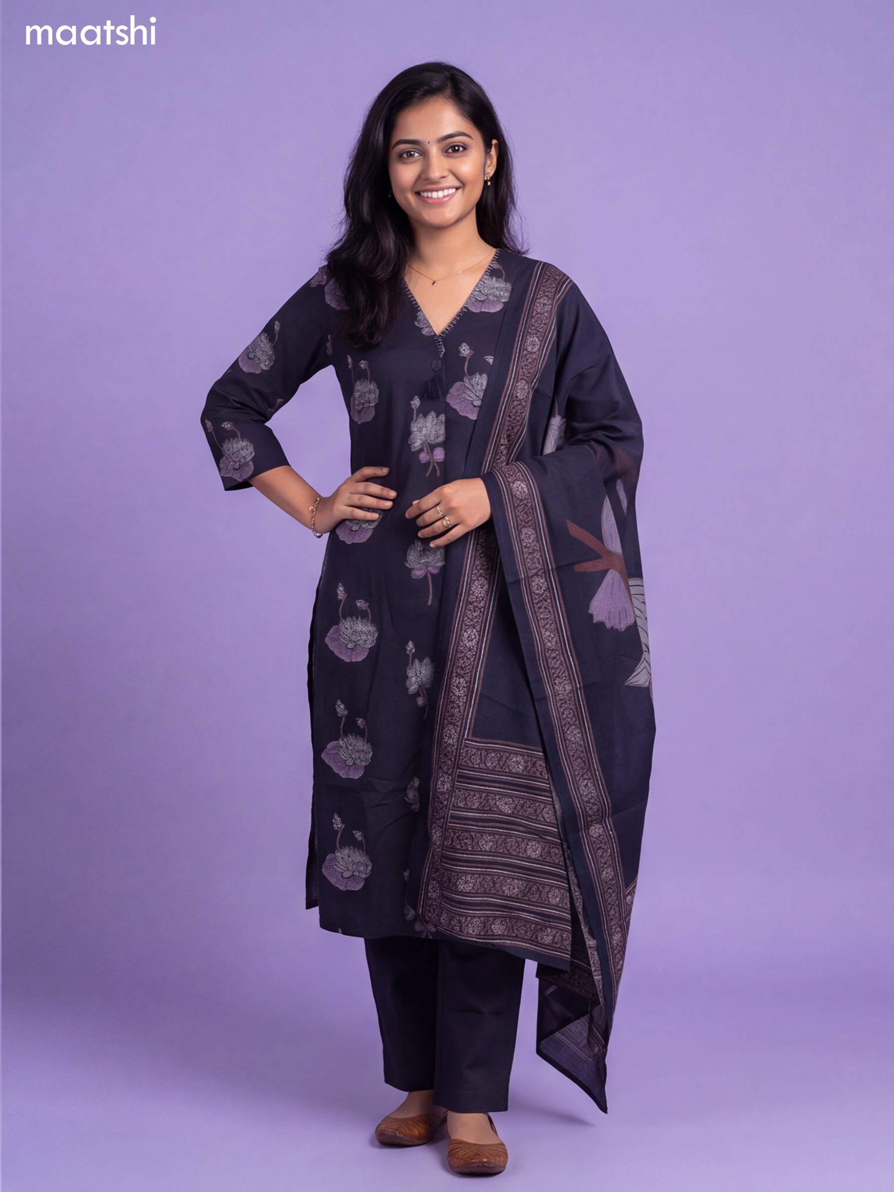 Navy Blue Cotton Floral Printed & Simple Embroidery Work Straight Suit