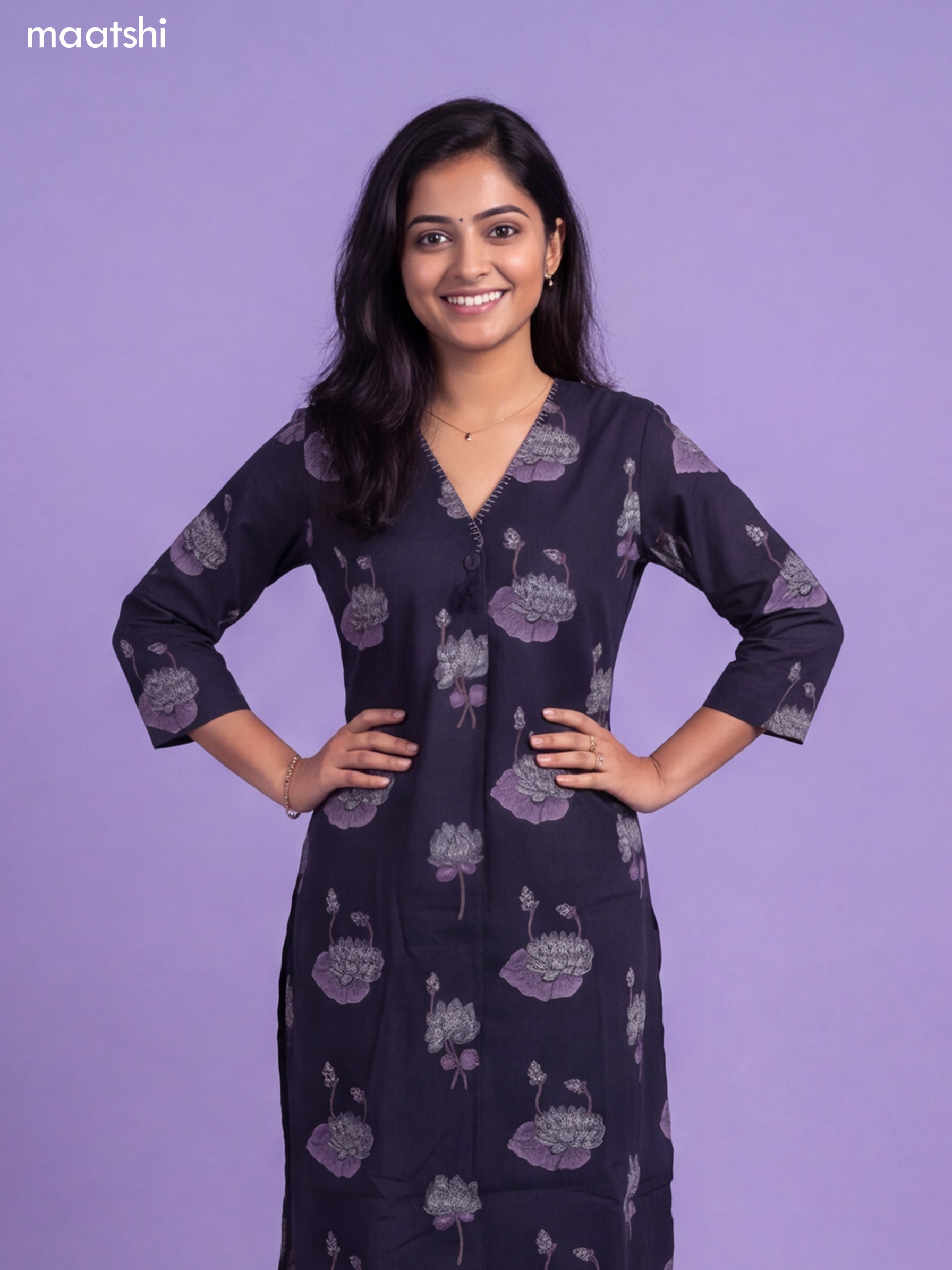Navy Blue Cotton Floral Printed & Simple Embroidery Work Straight Suit