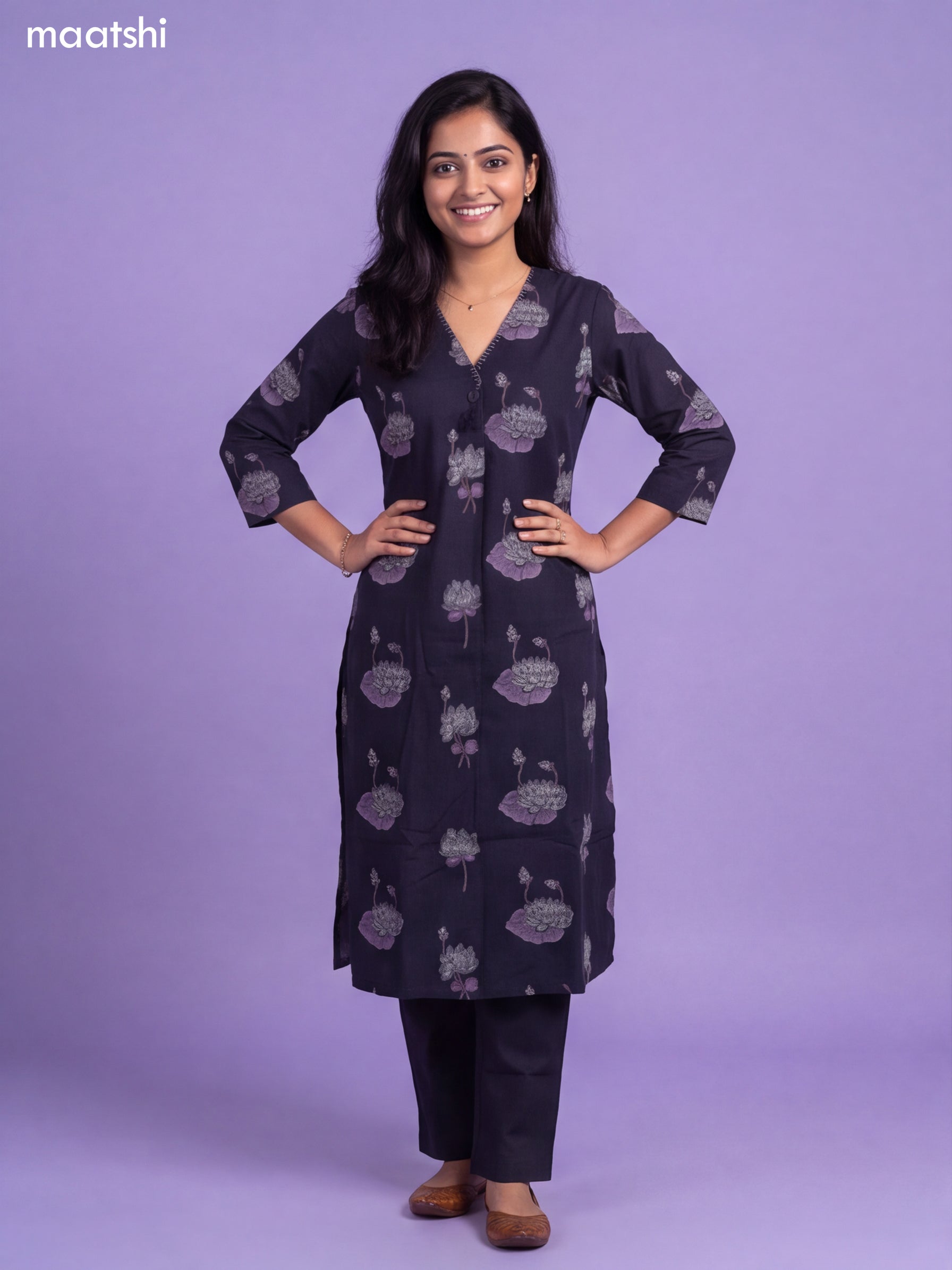 Navy Blue Cotton Floral Printed & Simple Embroidery Work Straight Suit