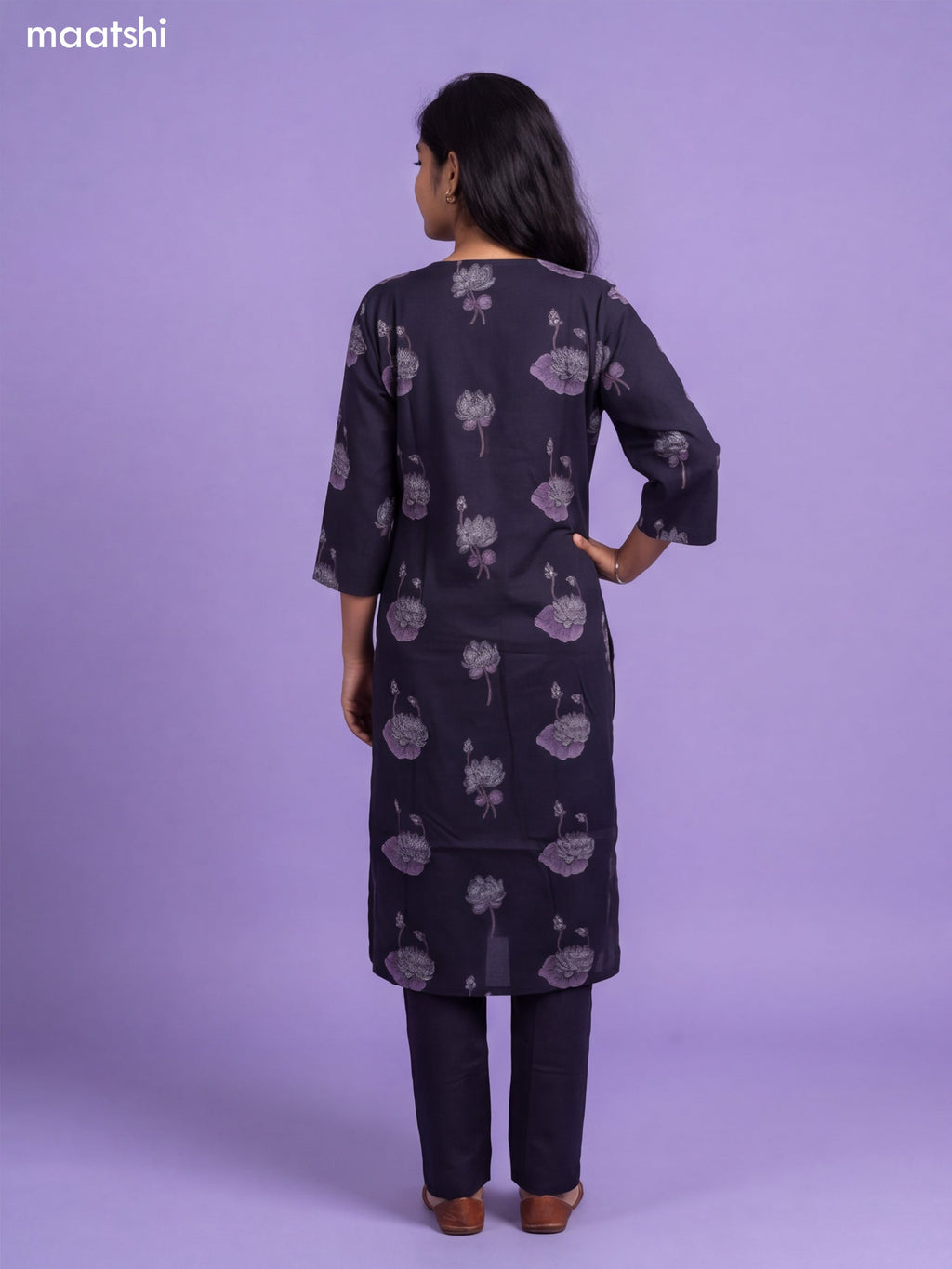 Navy Blue Cotton Floral Printed & Simple Embroidery Work Straight Suit