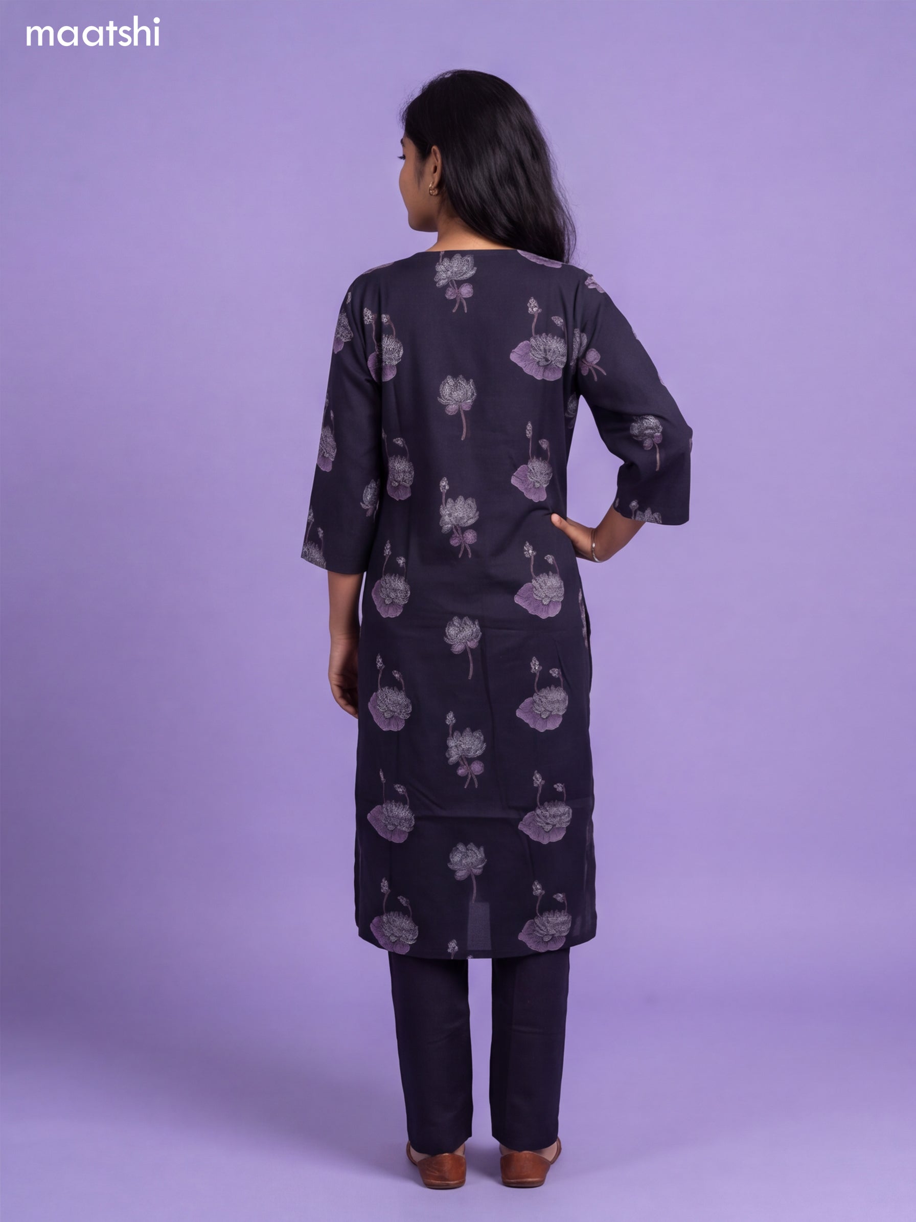 Navy Blue Cotton Floral Printed & Simple Embroidery Work Straight Suit