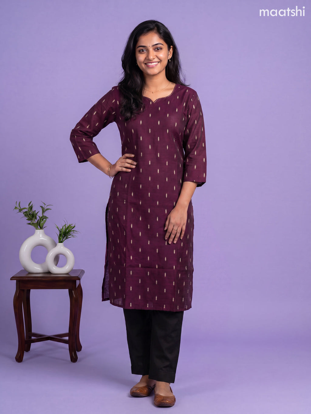 Purple Art Silk Simple Embroidery Work Straight Kurti