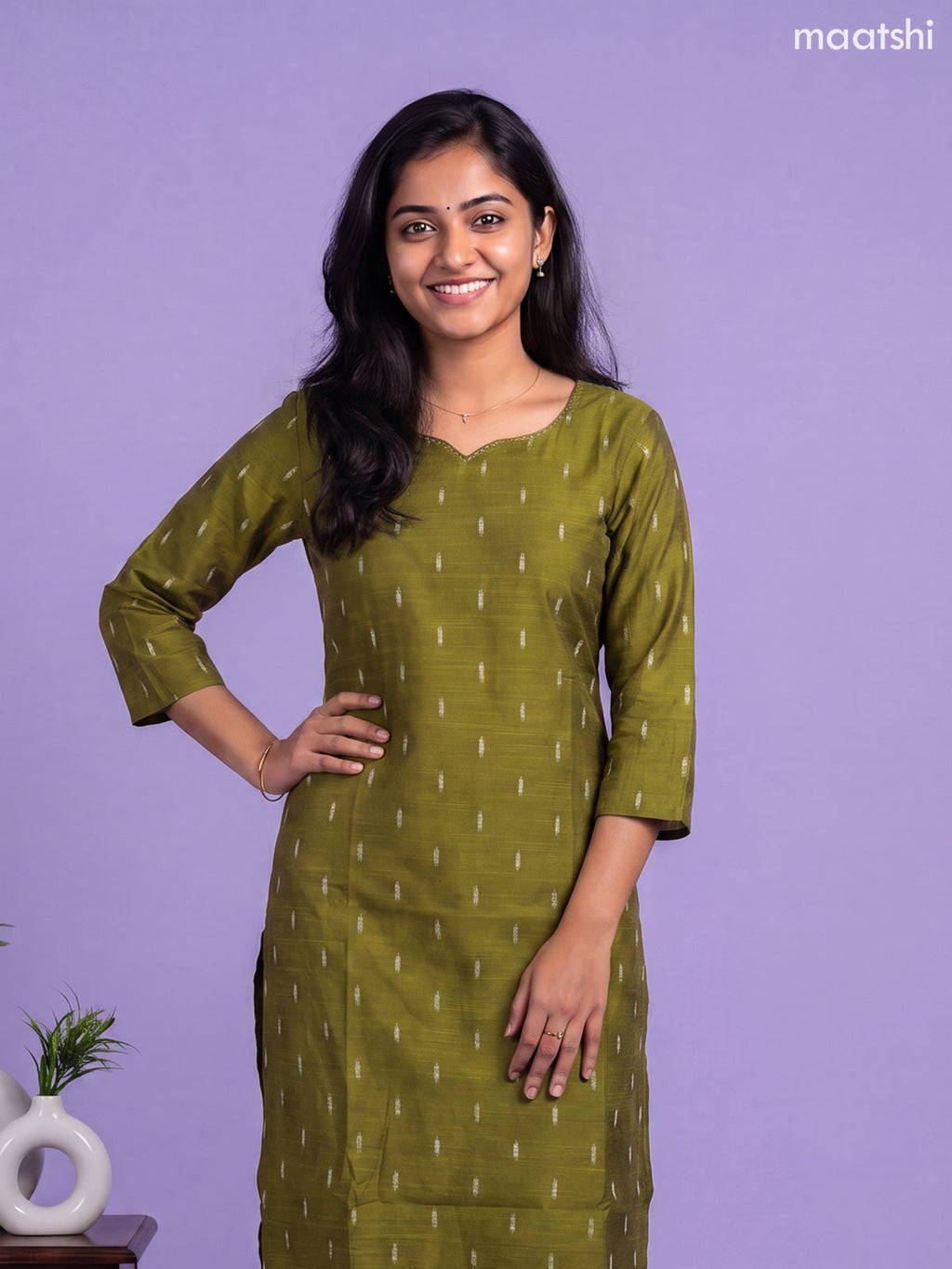 Mehandi Green Art Silk Simple Embroidery Work Straight Kurti