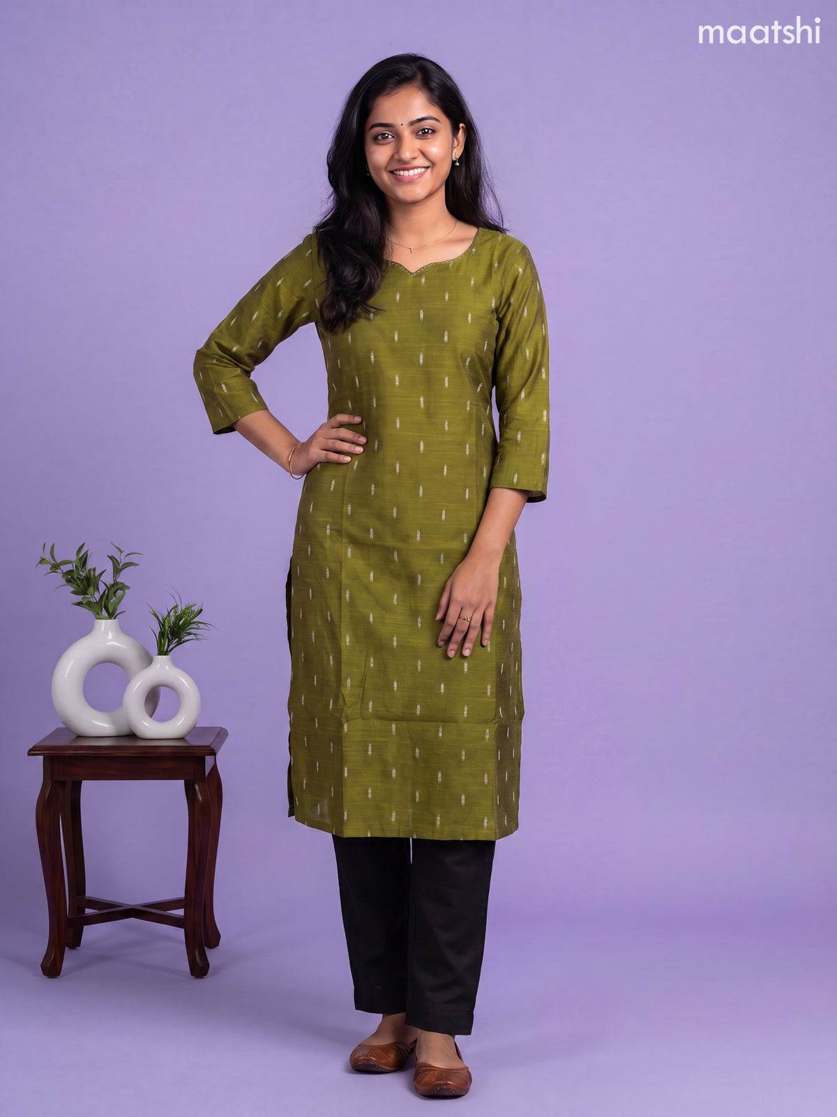Mehandi Green Art Silk Simple Embroidery Work Straight Kurti