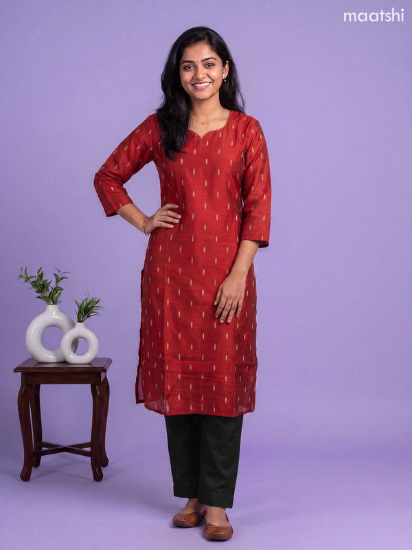 Red Art Silk Simple Embroidery Work Straight Kurti