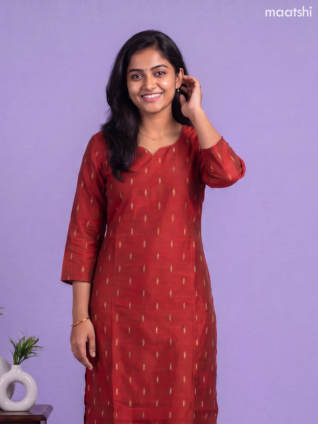 Red Art Silk Simple Embroidery Work Straight Kurti
