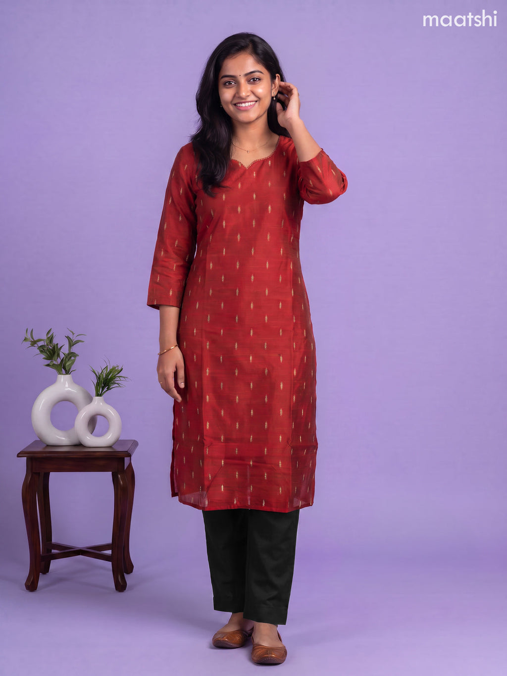 Red Art Silk Simple Embroidery Work Straight Kurti