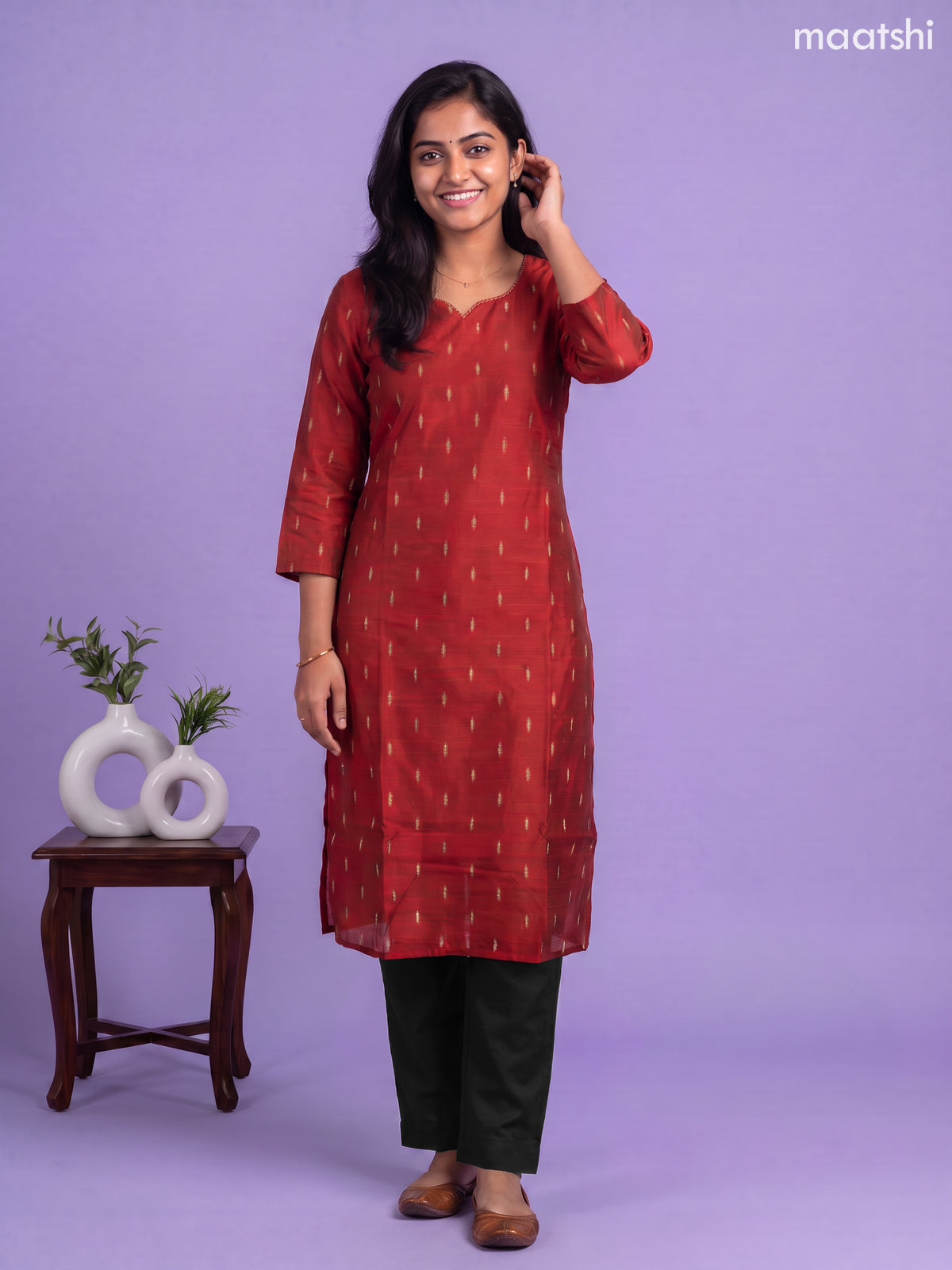 Red Art Silk Simple Embroidery Work Straight Kurti