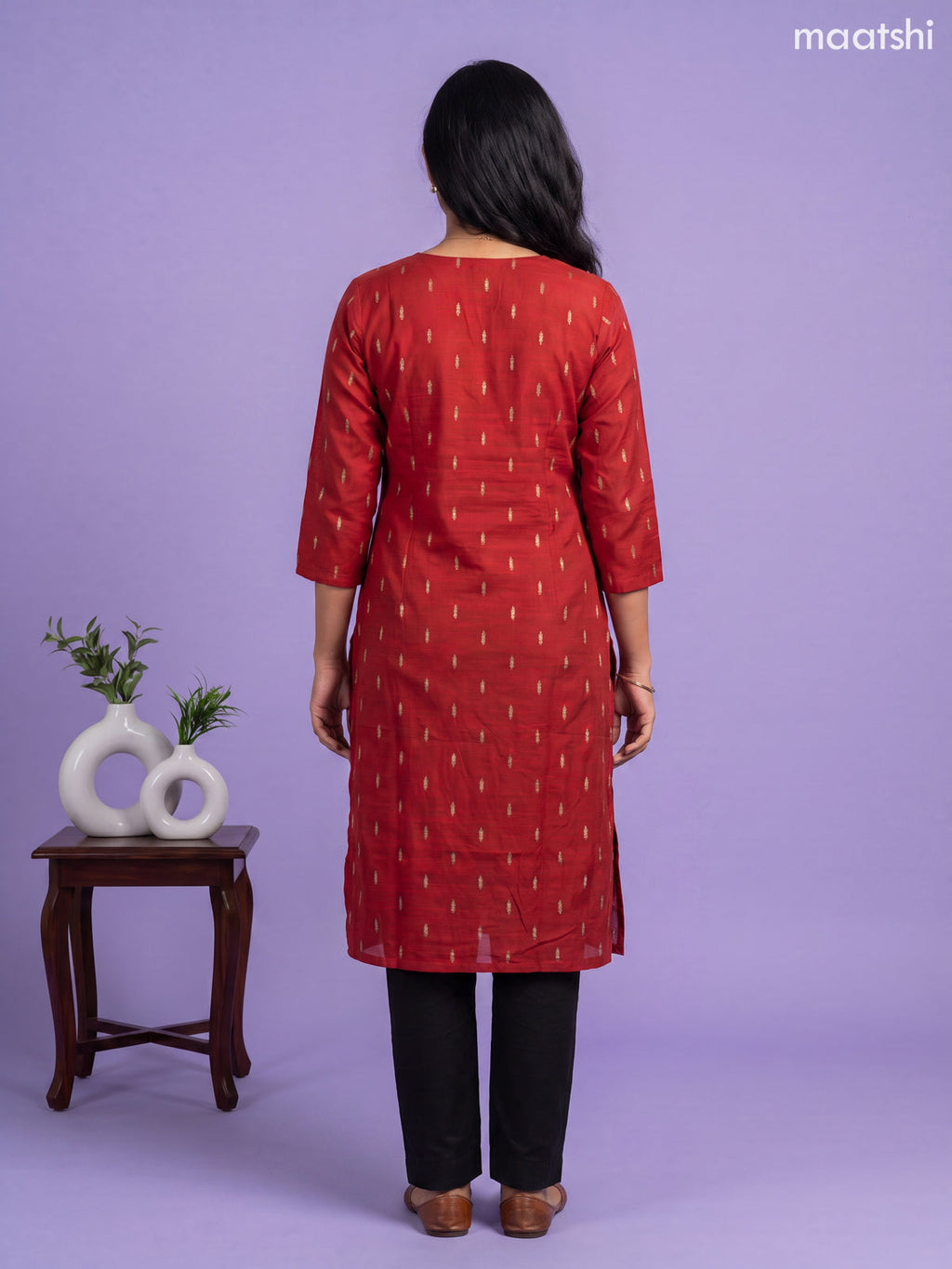 Red Art Silk Simple Embroidery Work Straight Kurti