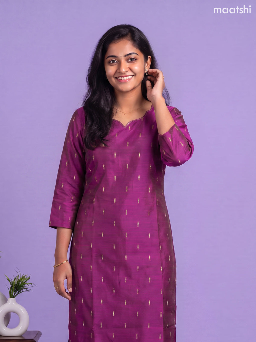 Purple Art Silk Simple Embroidery Work Straight Kurti