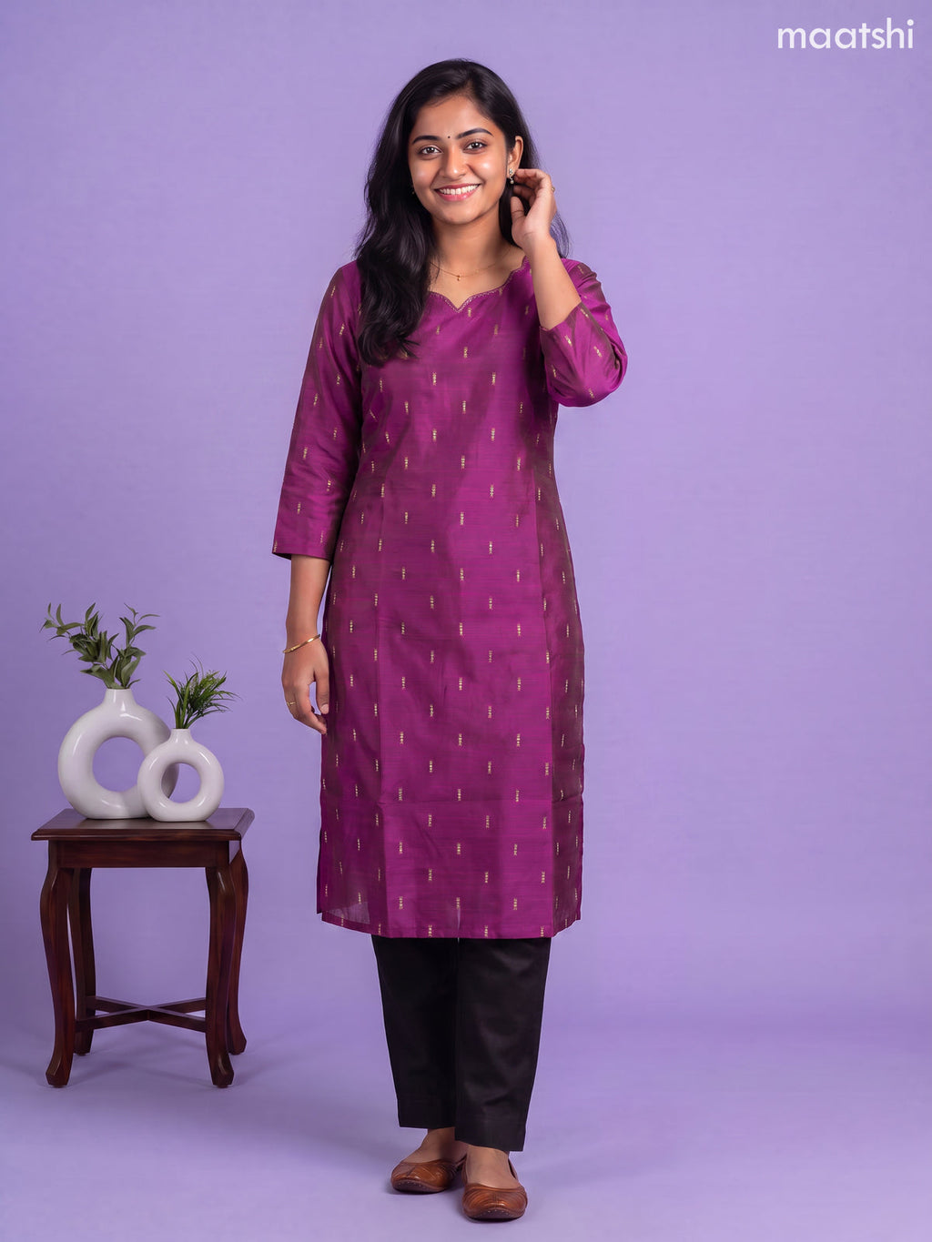 Purple Art Silk Simple Embroidery Work Straight Kurti