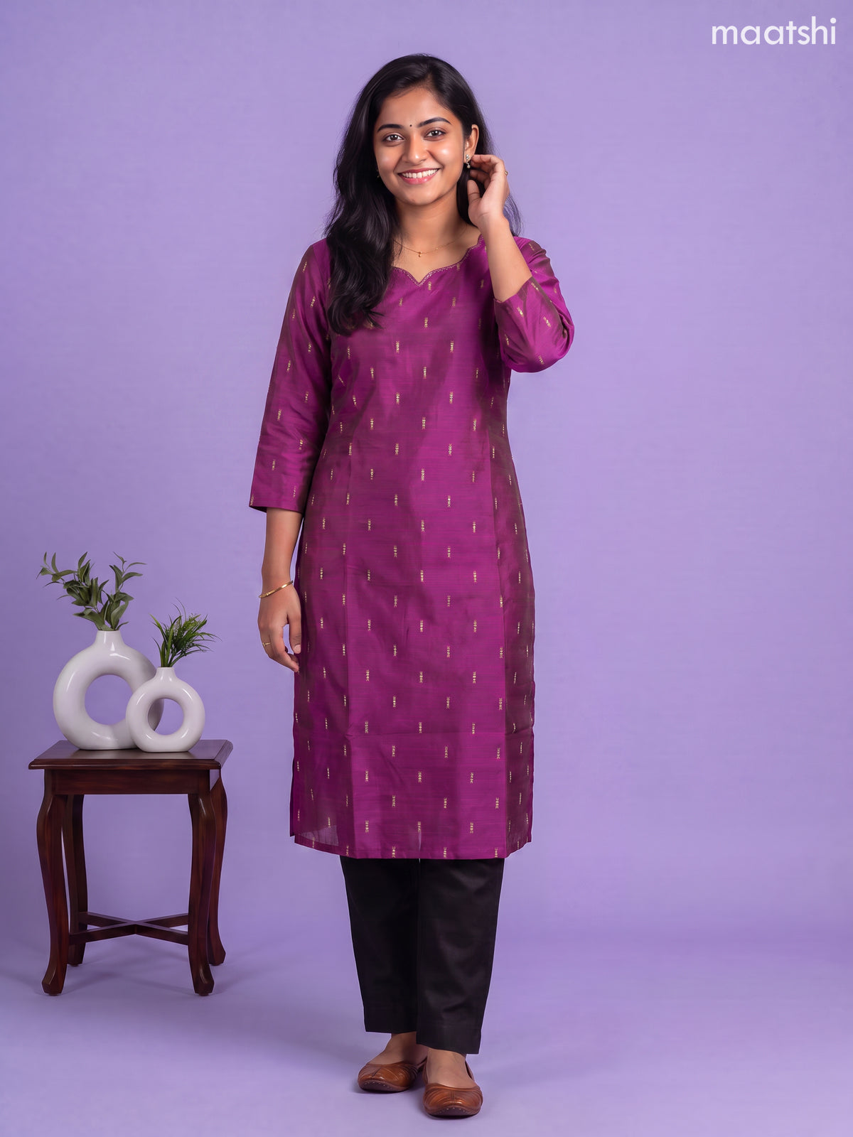 Purple Art Silk Simple Embroidery Work Straight Kurti