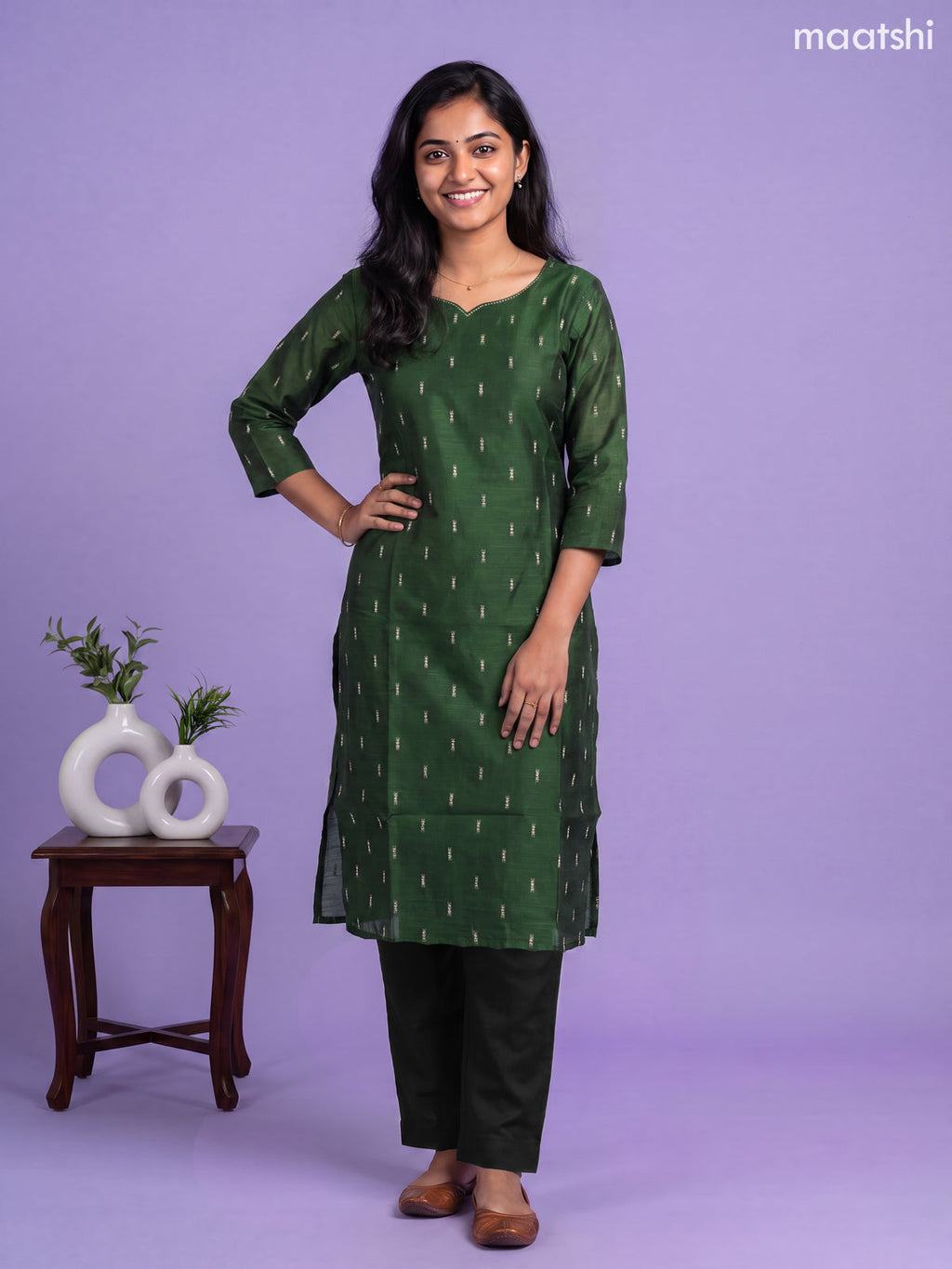 Sap Green Art Silk Simple Embroidery Work Straight Kurti