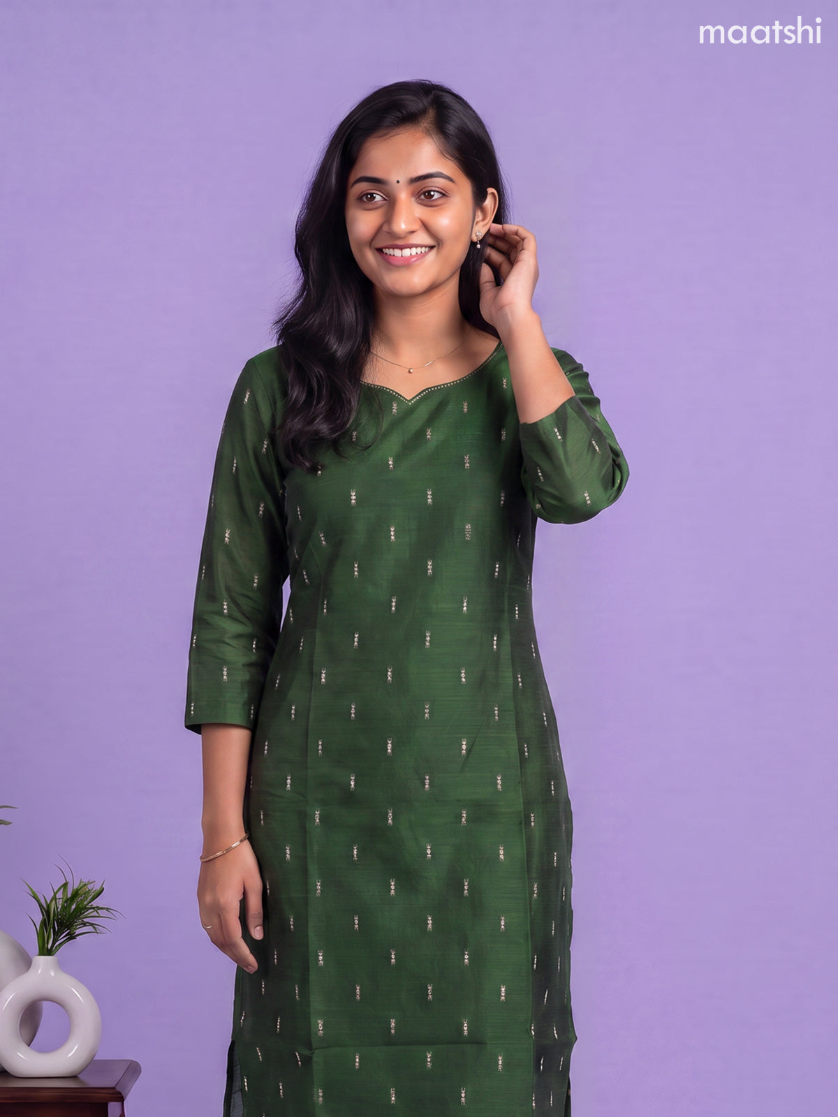 Sap Green Art Silk Simple Embroidery Work Straight Kurti