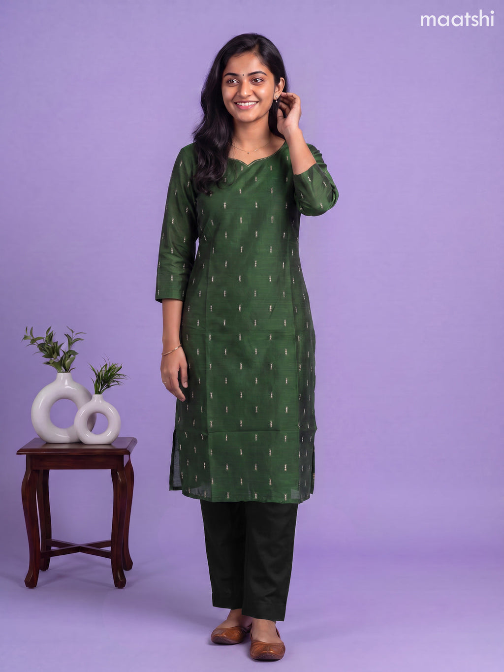 Sap Green Art Silk Simple Embroidery Work Straight Kurti