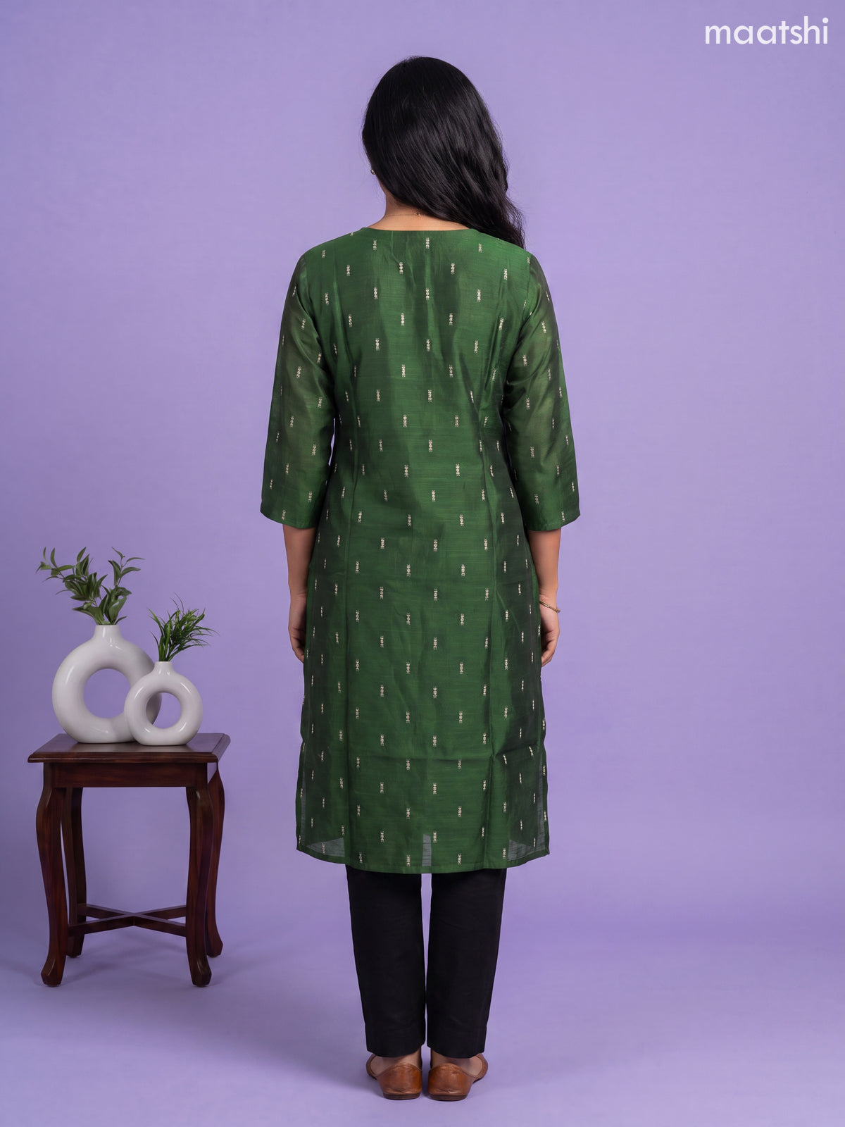 Sap Green Art Silk Simple Embroidery Work Straight Kurti